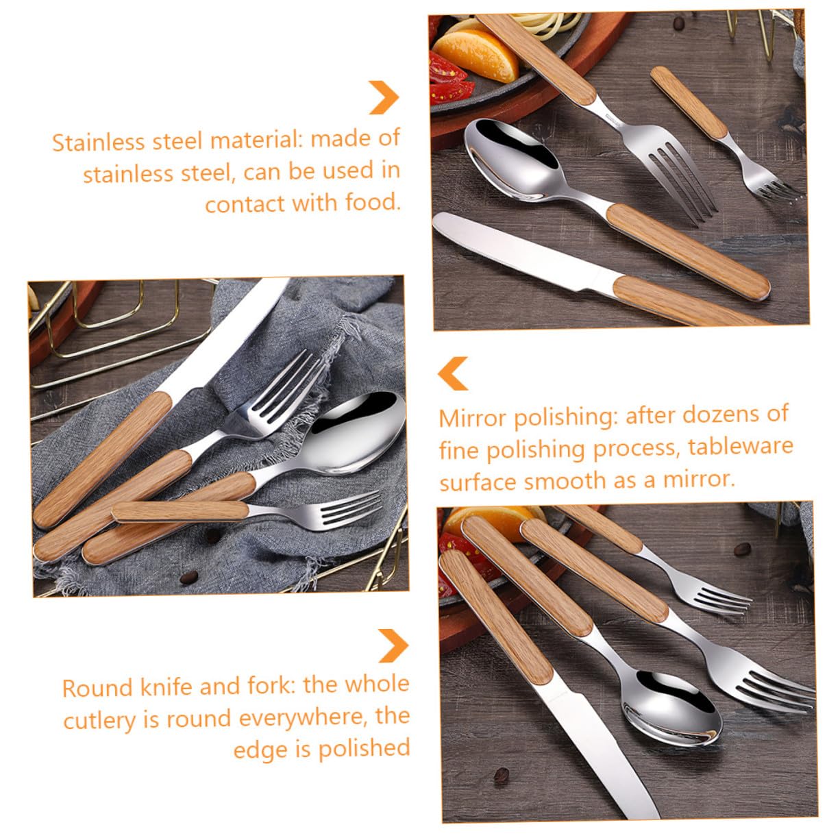 4pezzi Posate Stile Retrò Pz Forchetta Coltello Cucchiaio Manico Legno Lucidato Bordi Ergonomici Resistente