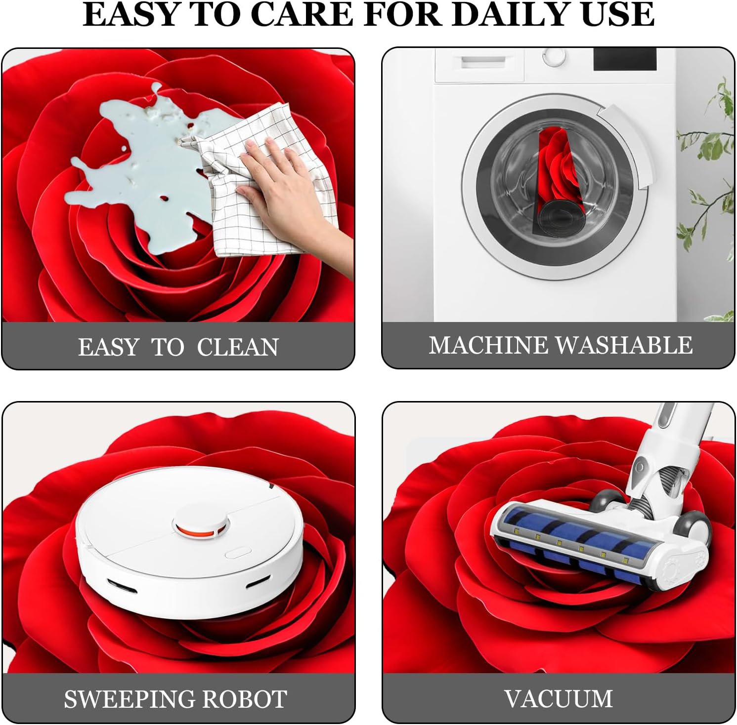 Red Flowers Floral Bath Mat Natural Rose Bathroom Rugs Funny Non Slip Bathtub Decor Mats Super Absorbent Floor Carpet Machine Washable Quick Dry Bahtmat for Tub, Shower, Bedroom，Kitchen，31.5"x31.5"