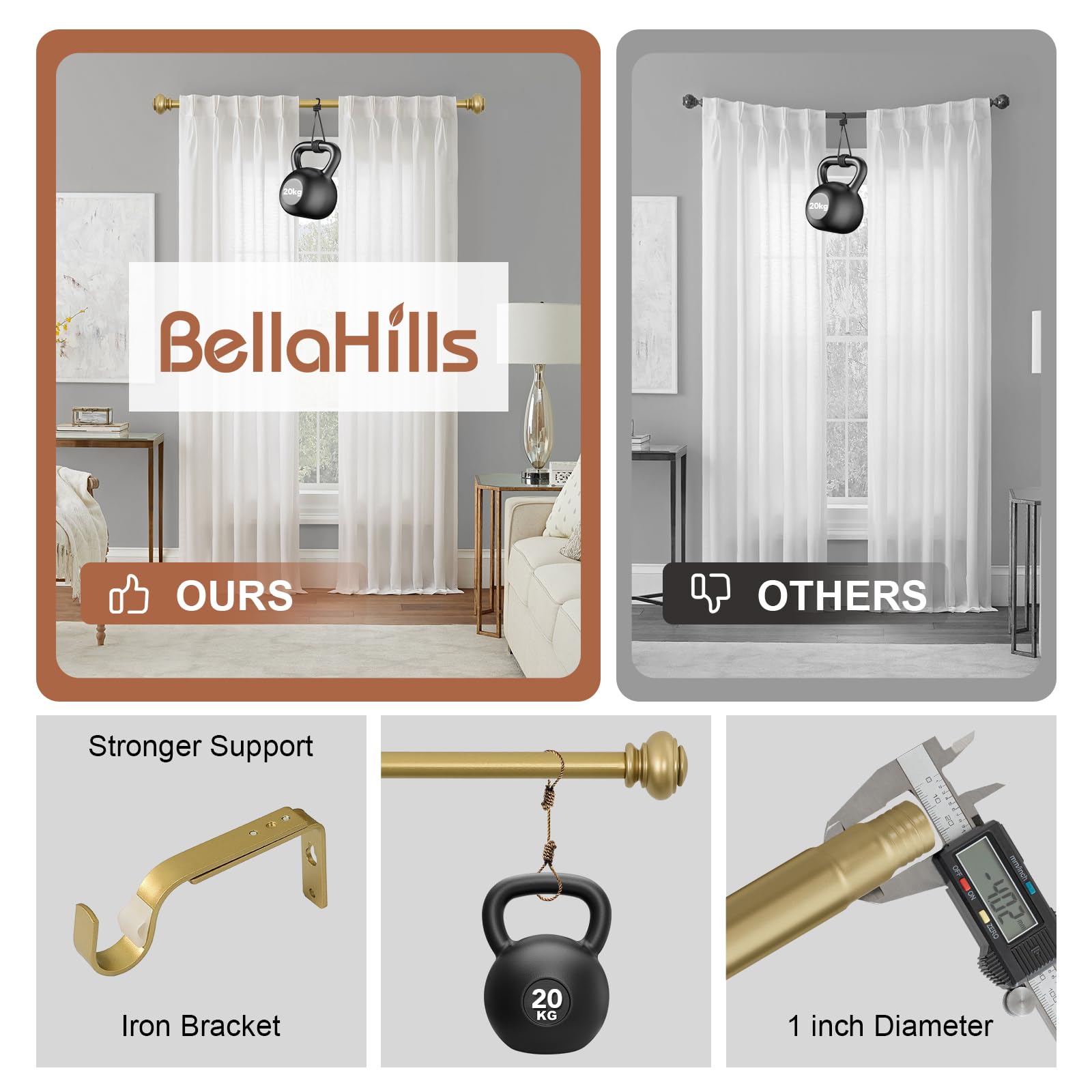 BellaHills 2 Stücks 76-190 cm Vorhangstange mit Kappenknäufen mit Halterungen, 25mm Durchmesser Gardinenstange Verstellbare Dekorative für Schlafzimmer, Wohnzimmer, Gold