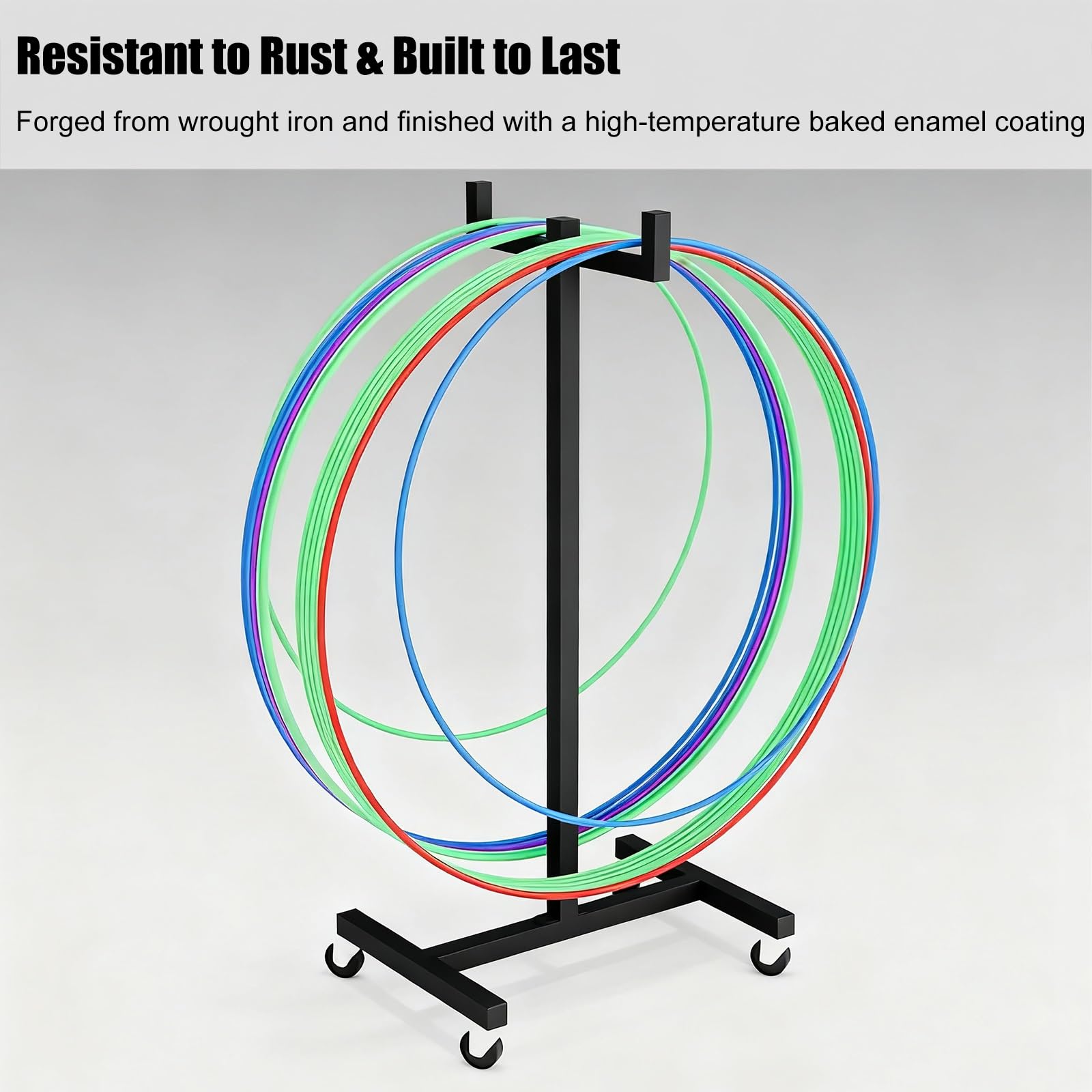 Hula Hoop Halterung Tragbares Aufbewahrungsregal für Übungsringe, beweglicher Springseil-Organizer aus Metall, freistehender Hula-Hoop-Trolley-Ausstellungsständer