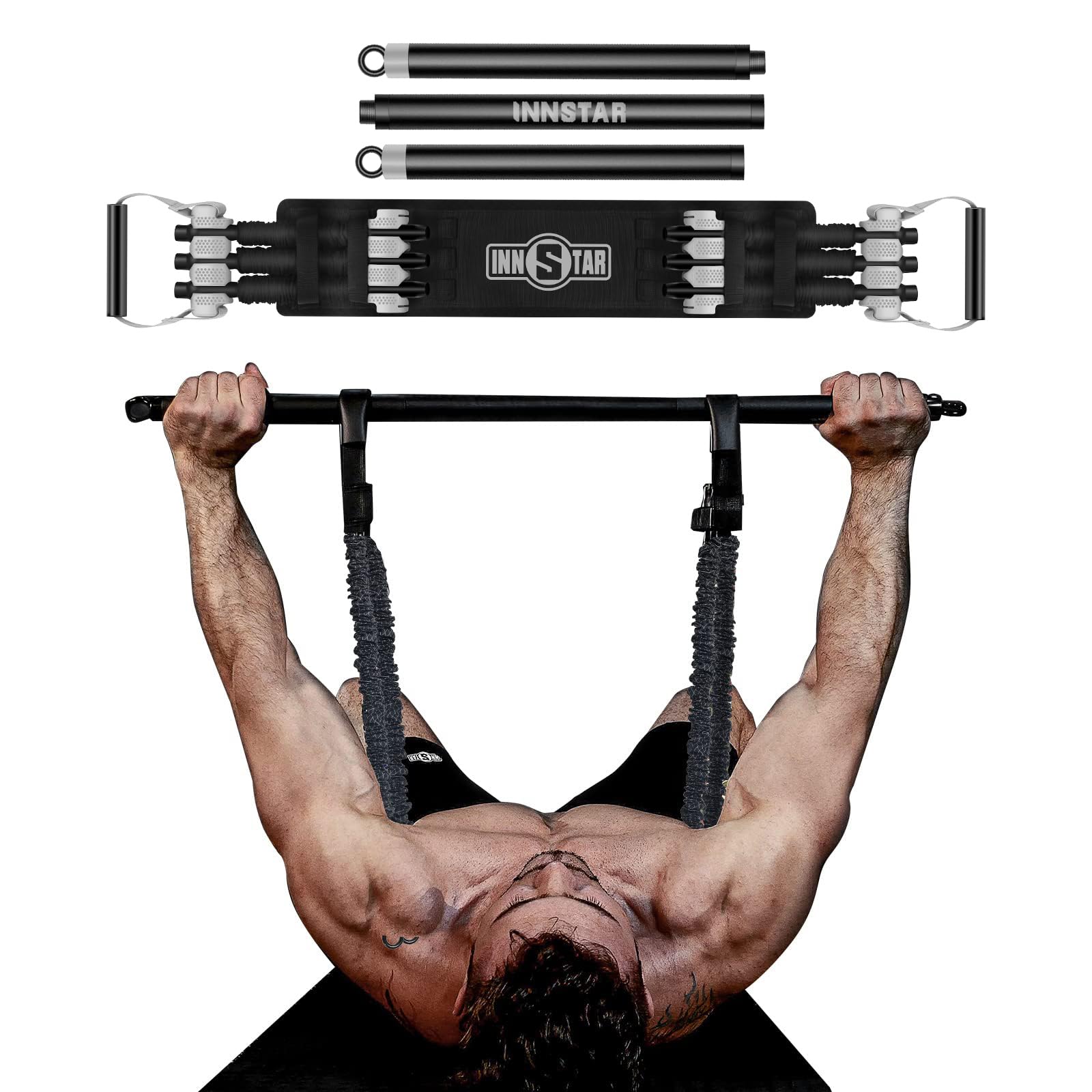INNSTAR Adjustable Resistance Bands, Heavy Bench Press Device for Men and Women,Portable Exercise Bands for Home Gym Exercise,Fitness Workout,Travel Training (Men|270LB with Bar)