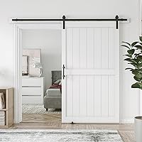 Vista 19 de Puerta corrediza de granero MDF de 48 x 80 pulgadas con kit de herrajes para puerta de granero de 8 pies y asa, agujeros preperforados, fácil