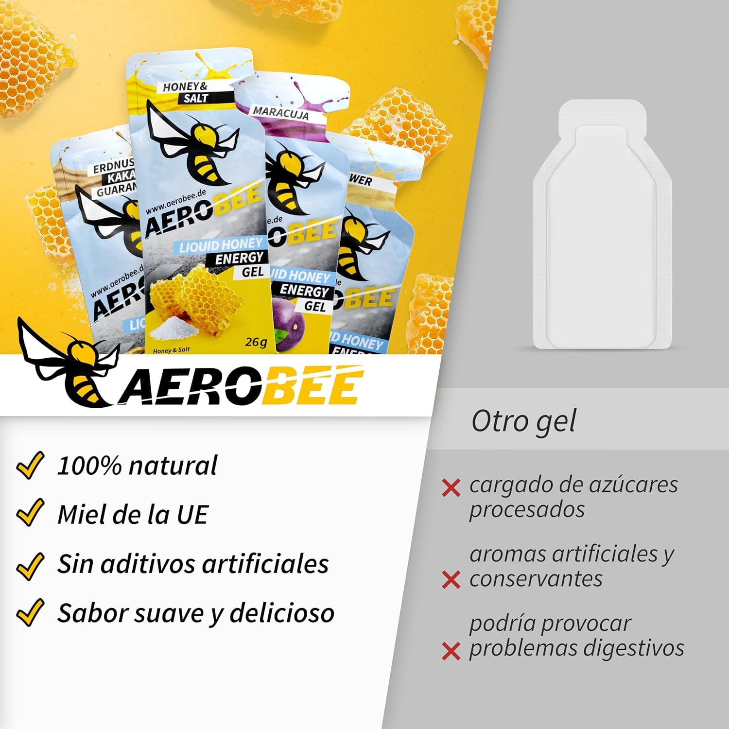 AEROBEE Energy Liquid Gel - Sabor a Miel y Sal 10x26g [Energético líquido 100% natural de miel] Gel líquido deportivo para ciclismo, deportes de resistencia, running, maratón, gel de carbohidratos