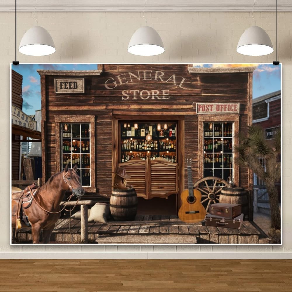 ChloropLastid 10x8ft Western General Store Backdrop Rustic Wild West Country Town Post Office Horse Barrel Wheel Cowboy Photography Background Vintage Bar Baby Shower Birthday Party Decor Props