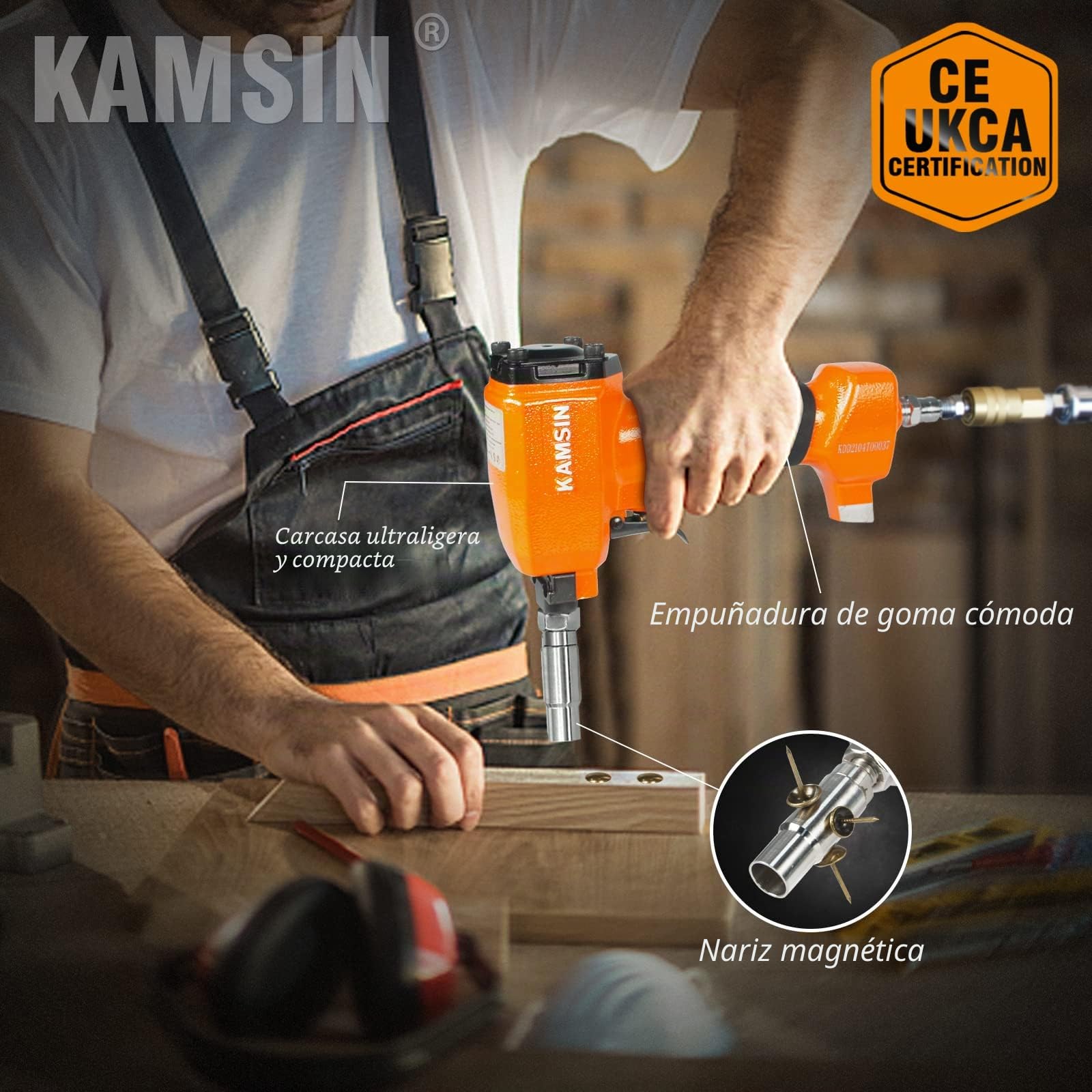 Kamsin 1170 Clavadora Neumática Decorativa con Tabla de Carga y Manguito por Defecto, Manguitos Reemplazables para Alfileres de Tapicería Tachuelas de Diferentes Tamaños, Clavadora Deco