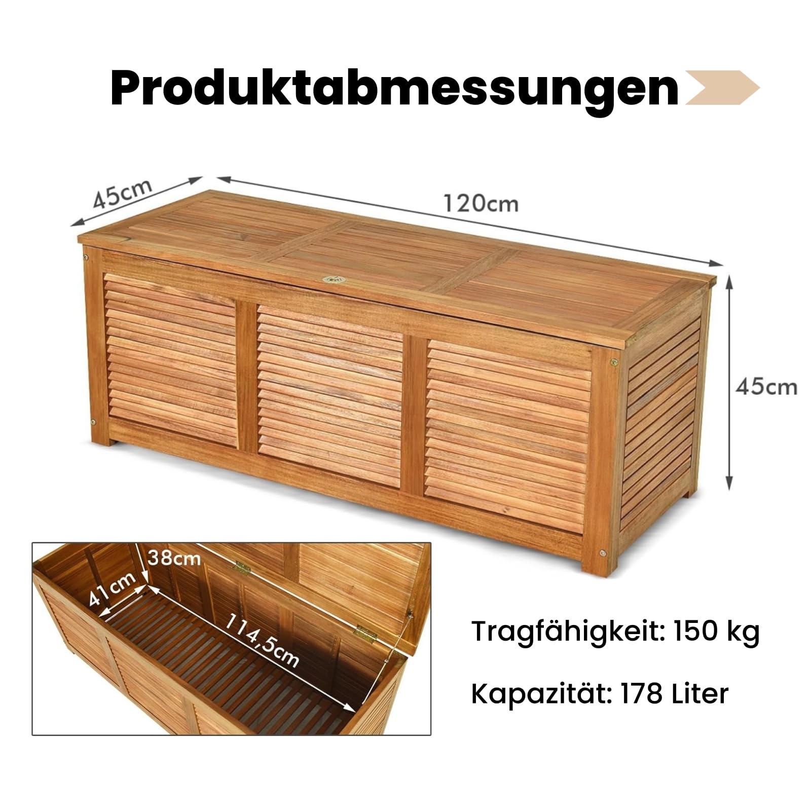 RELAX4LIFE Gartenbox, 178L Auflagenbox mit Sitzbank & Deckel, Aufbewahrungsbox mit Stauraum, Kissenbox outdoor aus Akazienholz, Gartentruhe Auflagentruhe Holztruhe für Garten, Balkon, Terrasse, Natur