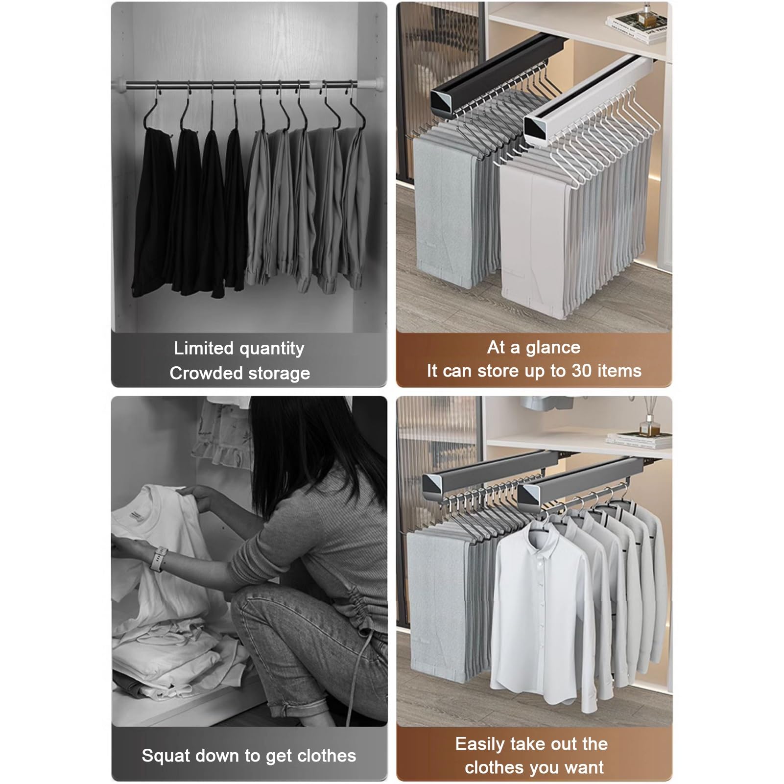 Wysuwana szafa wysuwana wieszak na ubrania czarny stop aluminium dwurzędowa szyna ślizgowa 30 kg pojemność akrylowy uchwyt lustrzany 32,5 cm do przechowywania oszczędzającego miejsce