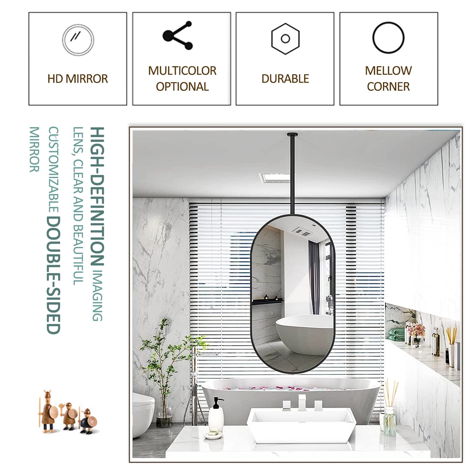 Specchi da Soffitto, Specchi per Cosmetici HD da Bagno, con Cornice in Metallo Nero e Braccio per Guardaroba, Camere da Letto, Comò e Decorazioni Moderne a Tema, Ovale (Dimensioni