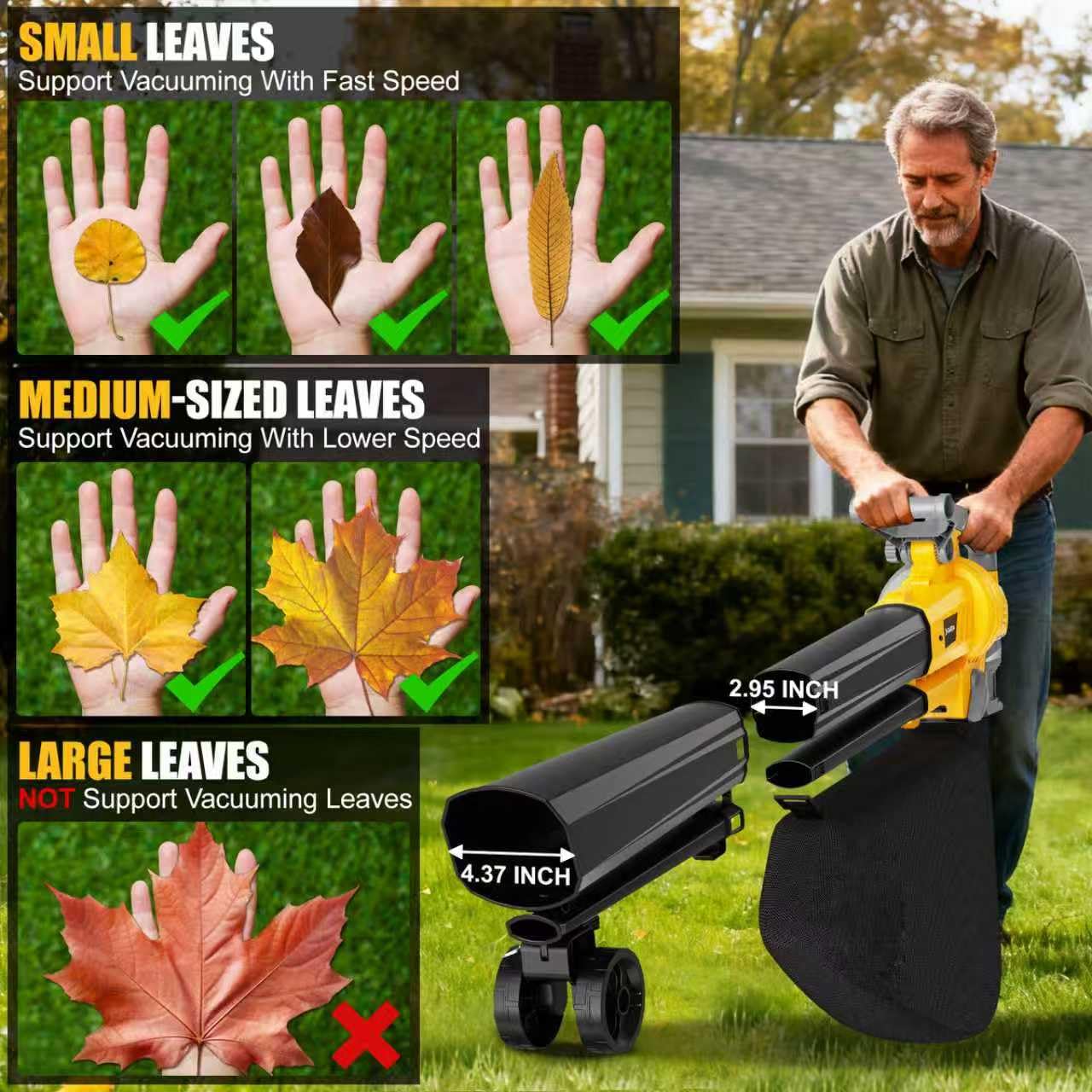 Soplador de hojas al vacío compatible con batería Dewalt de 20 V (sin batería), soplador de hojas eléctrico inalámbrico 3 en 1 con bolsa de recolección de 40 L, modo turbo para una limpieza