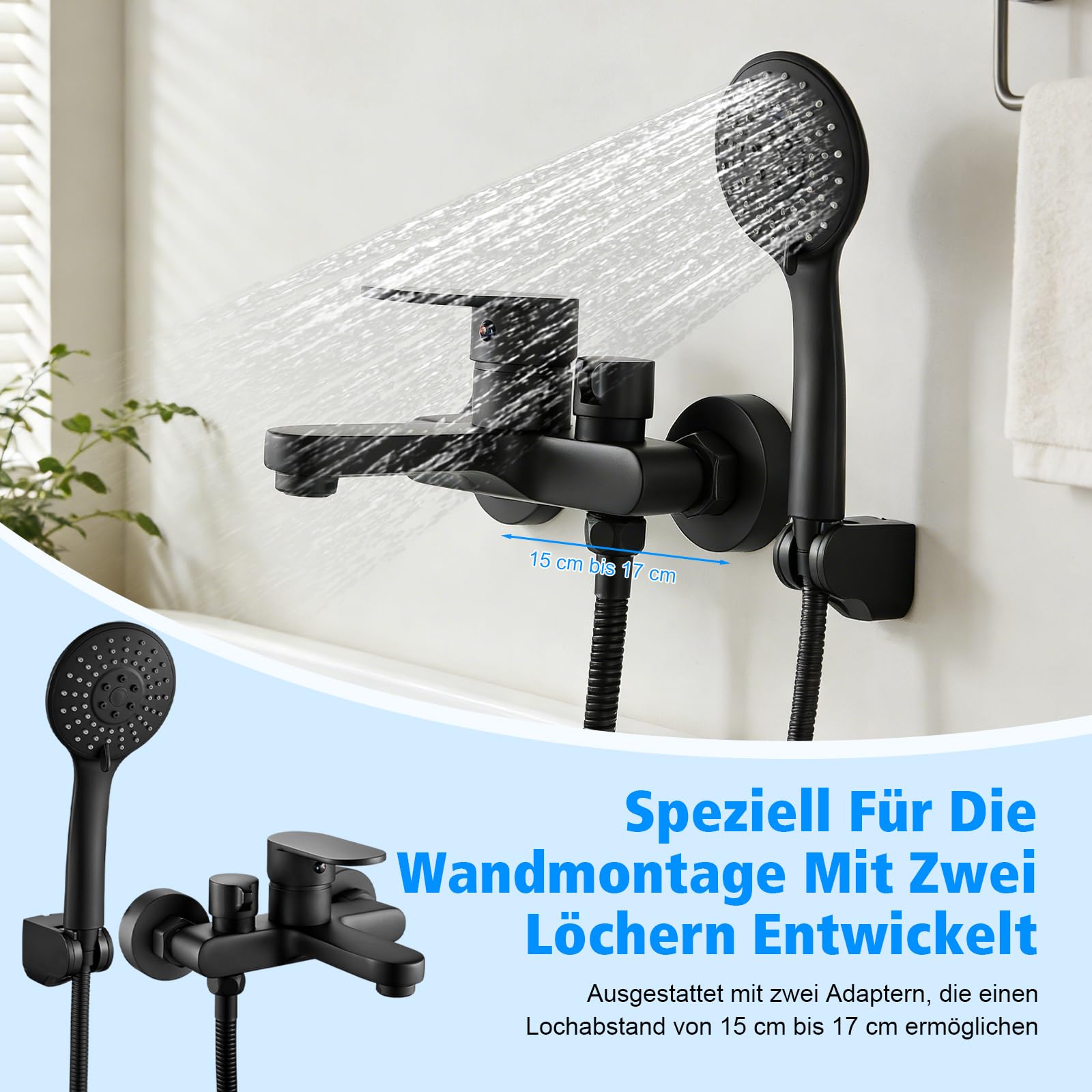 Robinet Baignoire avec Douchette, Mitigeur de Bain Noir, Mitigeur pour Salle de Bains en Laiton, Robinet Douche Mural avec Tuyau en PVC de 1,5 m