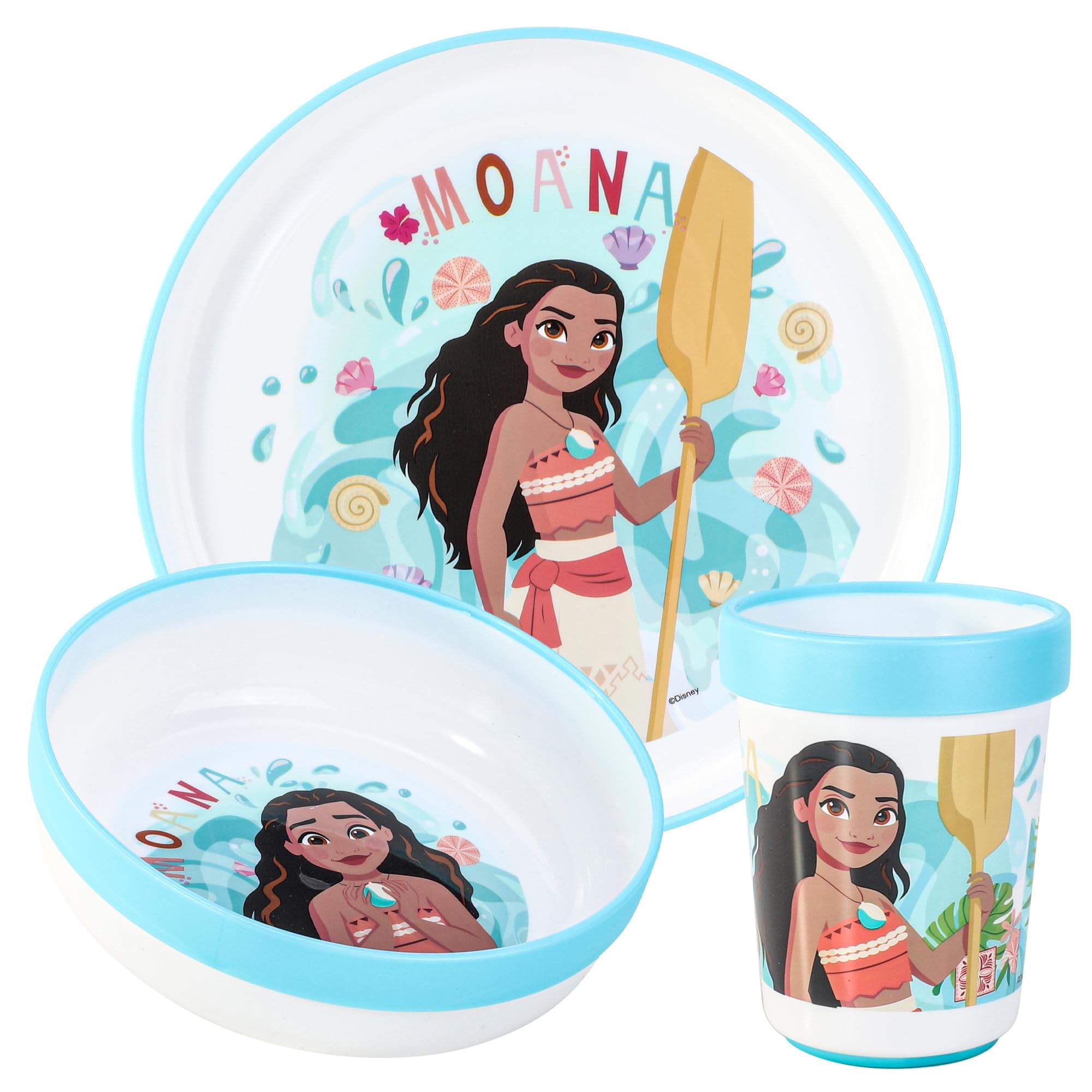 Moana 3pcs Reusable Bicolor Premium Kids Dinner Tableware Set Plate, Bowl & Tumbler, BPA Free