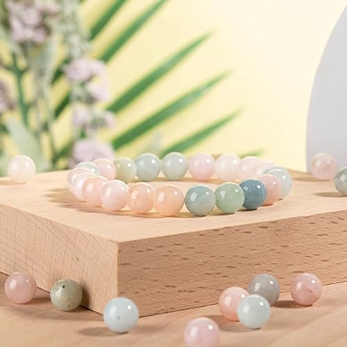 Miniatura 6 de BEEFLYING 100 cuentas redondas de morganita natural de 0.315 pulgadas con hilo de cristal elástico para kits de fabricación de joyas, collares,