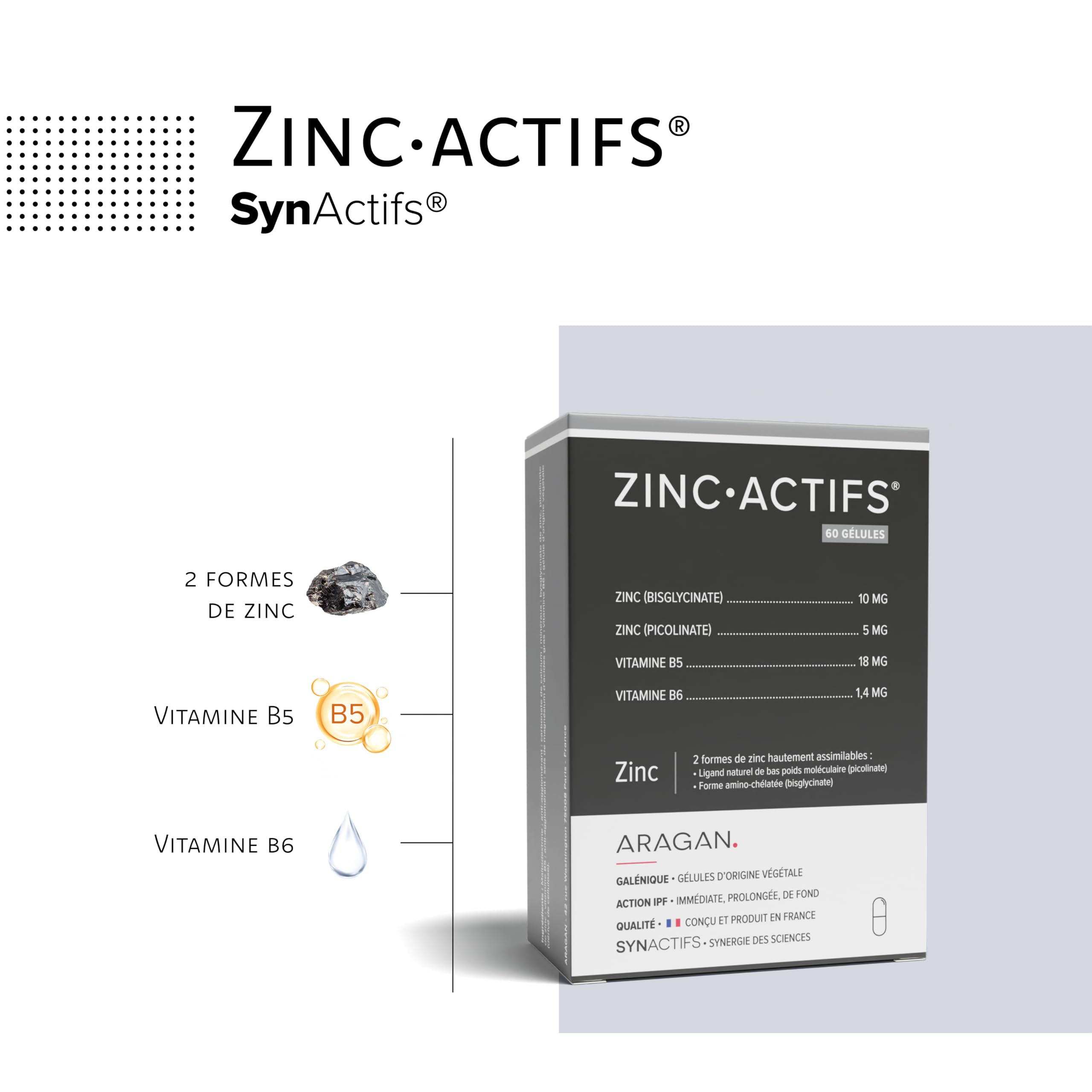 Zincactifs - Complement Alimentaire Immunité & Peau - Zinc, Vitamines B5 & B6 - Aragan - 60 Gélules