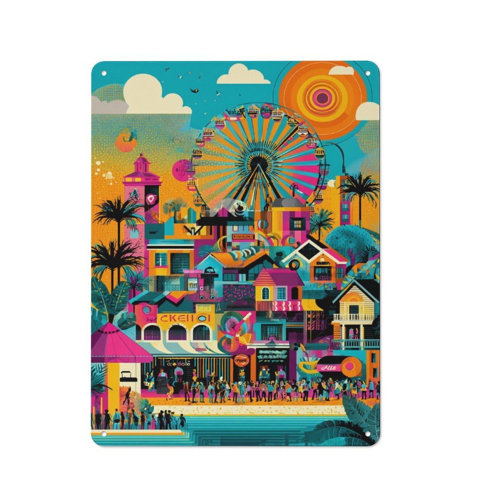 Junmoney Vibrant Cityscape With Ferris Wheel Retro Tin Sign 40X30cm For Dining Room Or Kitchen, Suited To Kitchen Wall Decor Lovers