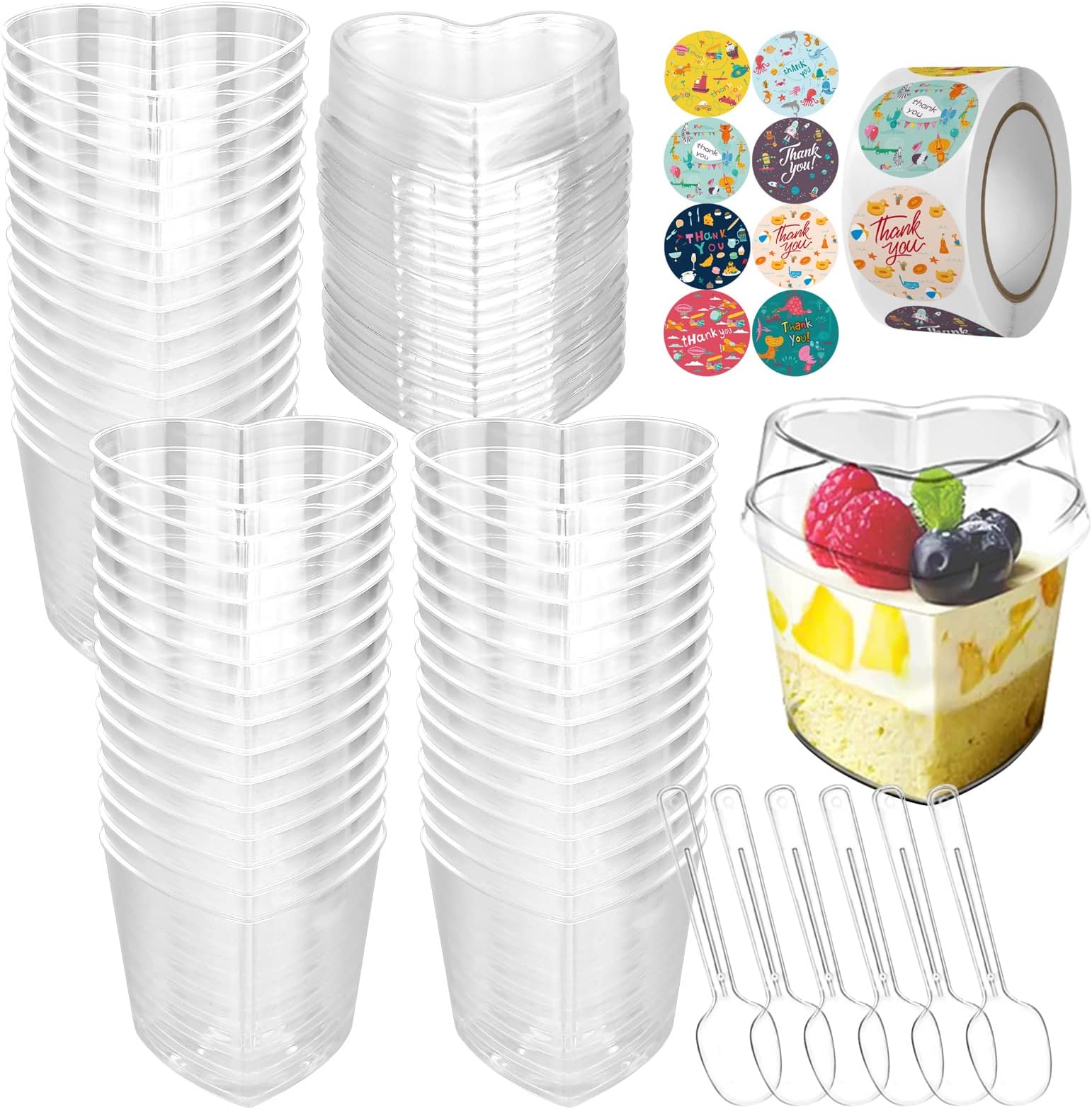 YancLife 50 Pcs Reusable Mini Dessert Cups, 5oz/150ml Plastic Dessert Pots with Lids, Stickers, Clear Small Cup Serving Dessert Bowl for Wedding, Birthday Parties Cheesecake Candy Desserts