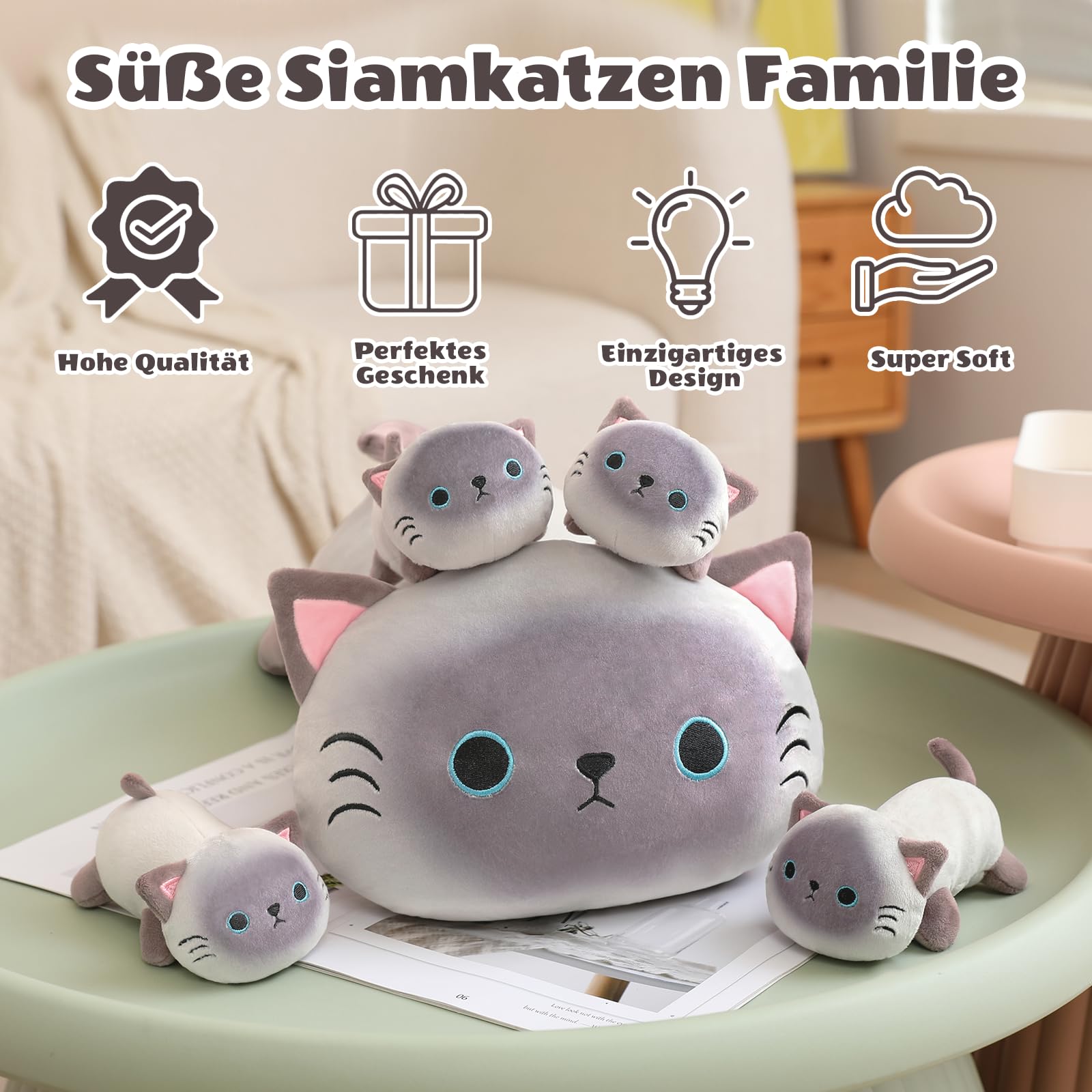 SQEQE Peluche a forma di gatto siamese con 4 bambini, simpatico peluche | Mamma gatto con 4 interni, set per la famiglia, materiale morbido, regalo unico per bambini e ragazze