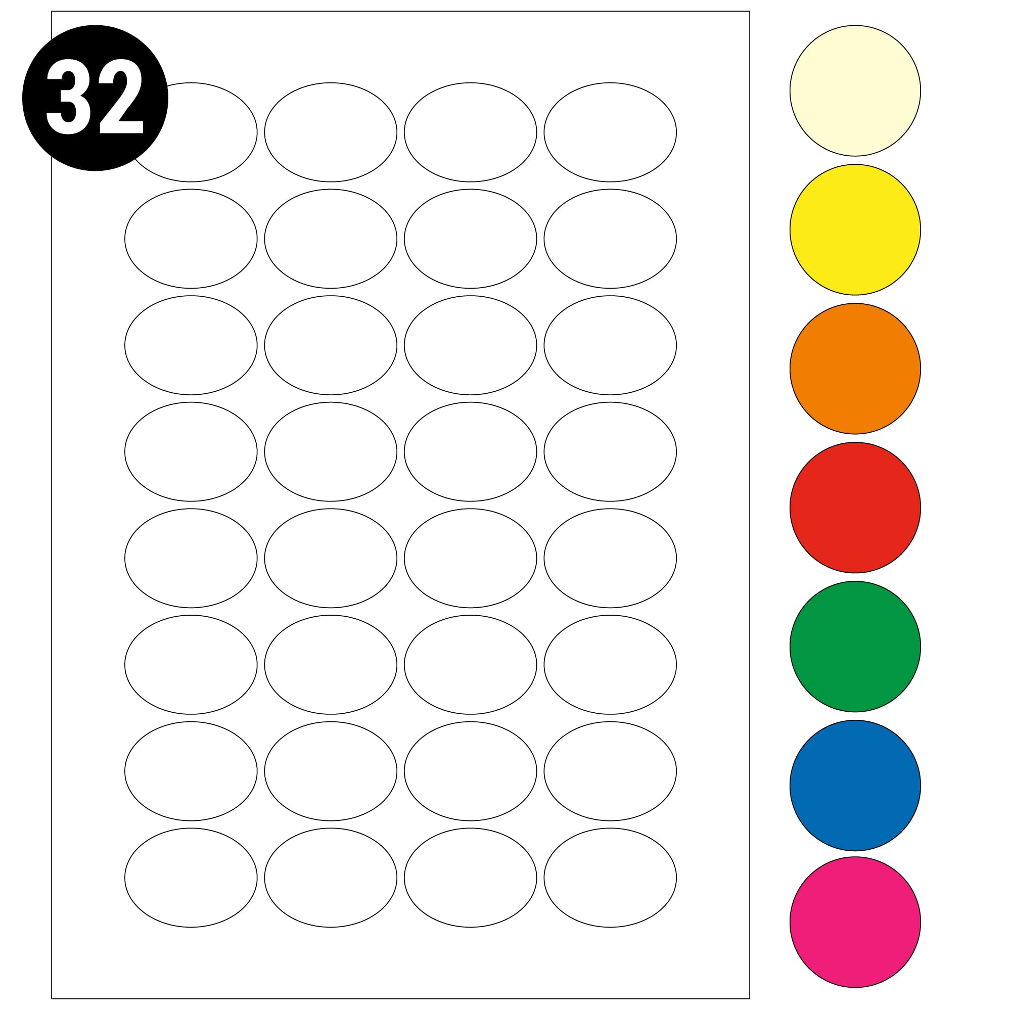 L&B Colour Range - Oval Labels – 3 Sizes & 7 Vibrant Colors – A4 Sheet – Compatible with Laser & Inkjet Printers (White, 32 Labels Per Sheet - 100 Sheets)
