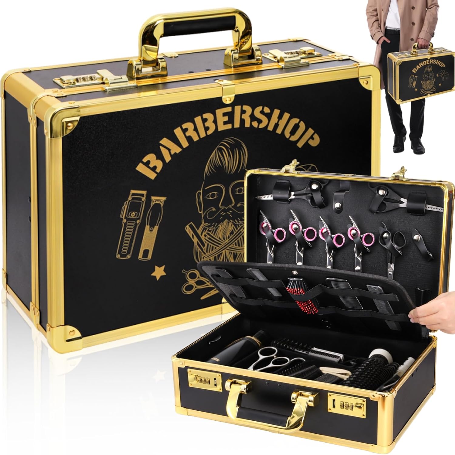 Goaste Professional Barber Supplies Case, 15.7" Barber Carrying Case with Code Lock, Double Layer Hairdresser Tool Box Organizer, Portable Travel Carrying Cases for Hair Stylist & Pet Groomer (Gold)