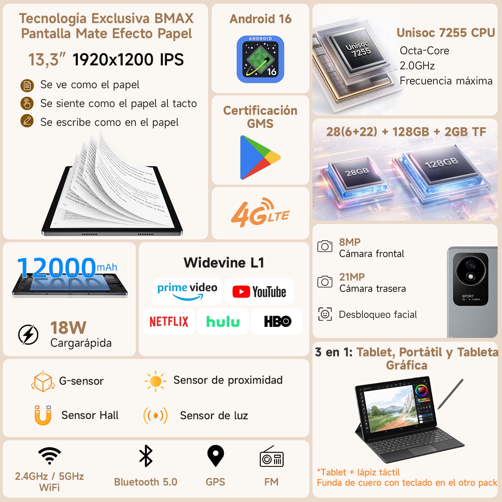 BMAX Tablet 13,3 Pulgadas con Lápiz Táctil, Android 16, 4G LTE, 28GB+128GB | Pantalla Mate Efecto Papel, Lápiz Táctil, 1920×1200 IPS, 12000mAh, Octa-Core, GMS, Widevine L1, Gemini AI, WiFi 5