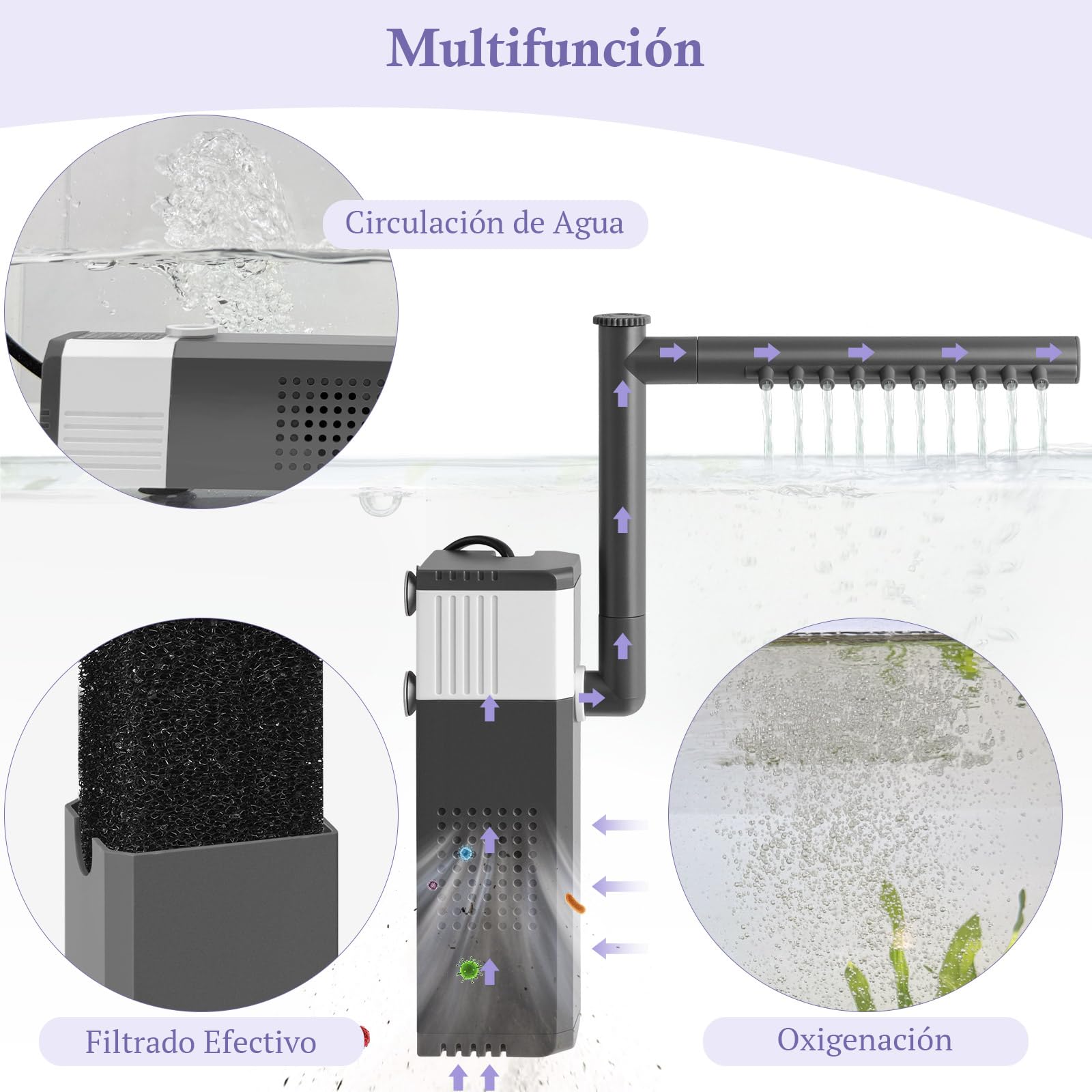 FEDOUR 8W 400LPH Filtro de Acuario Ultrapotente para Pecera de 15-70L, Filtro de Pecera Ajustable 3 en 1 con Esponja Bioquímica, Filtros para Acuario Sumergibles Internos para Tortuga/Gamba/Cría — view 4