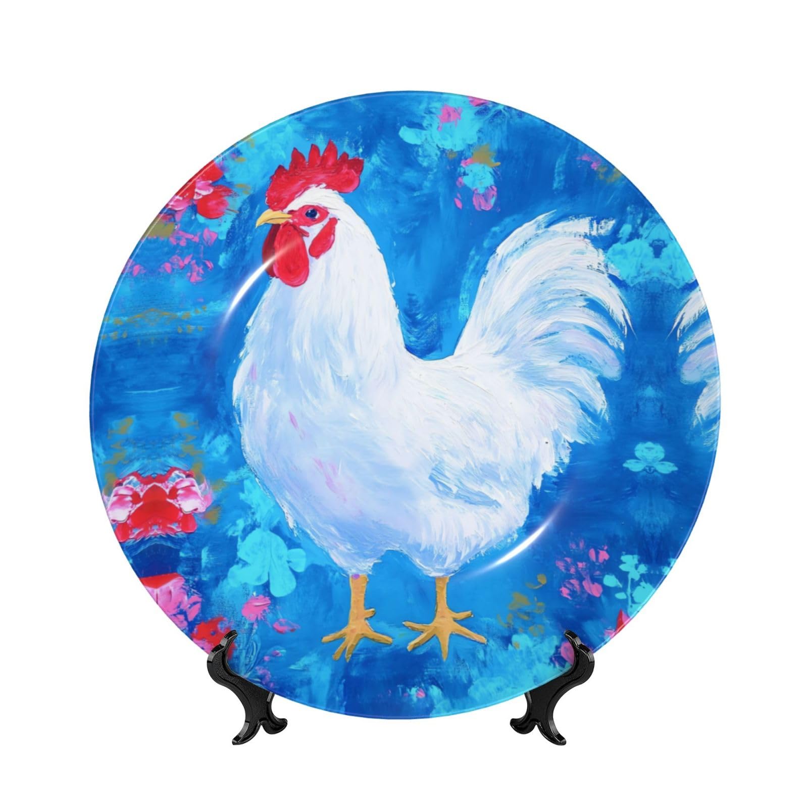 YZILDP White Rooster Oil Painting Ceramic Plate with Display Stand,8 in,Farmhouse Decorative Plates Wall Hanging Plate for Kitchen Dining Room Home Table Decor
