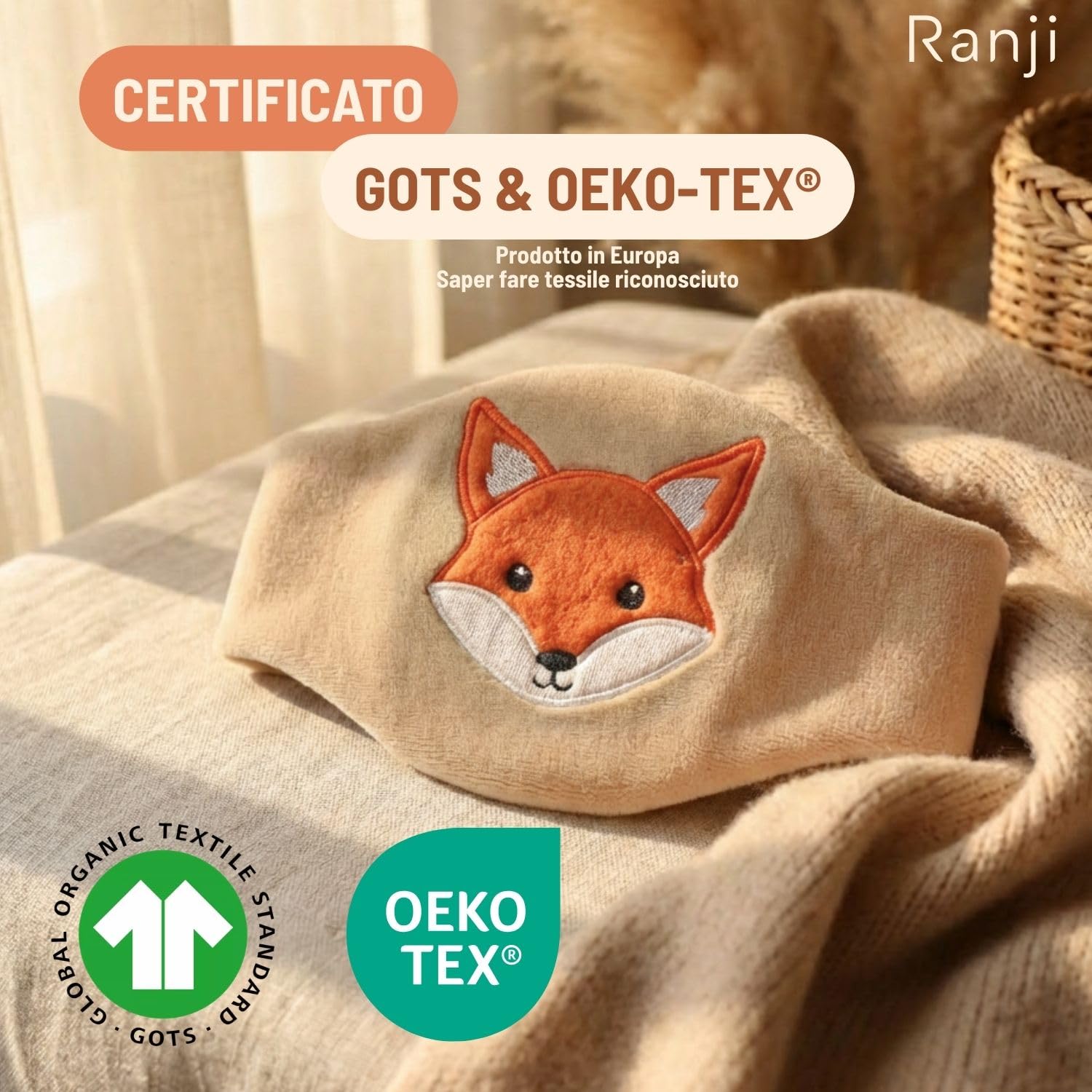 RANJI - Cuscino Coliche Neonato a Cintura con Noccioli di Ciliegia – Cuscino Termico Microonde per Coliche Neonato, Cotone Bio GOTS & Tessuti OEKO-TEX, Scalda Pancia Regolabile (Volpe) - 4