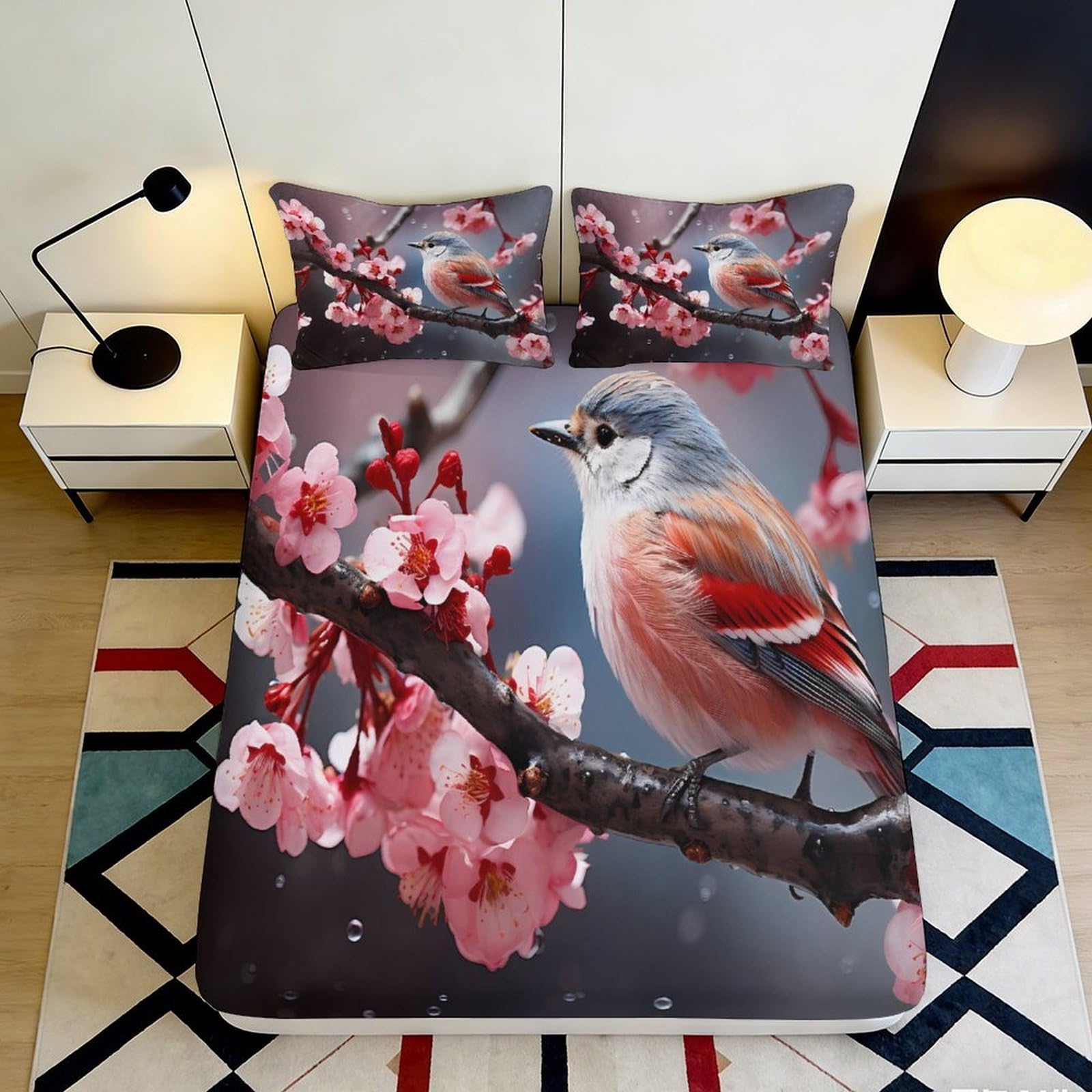 Jqzkxnhpbr Style-8 3D Printed Cherry Blossom Bird Fitted Sheet Microfiber Soft Bed Sheet For Bedroom Guest Room Mattress Decor 90X200x25cm