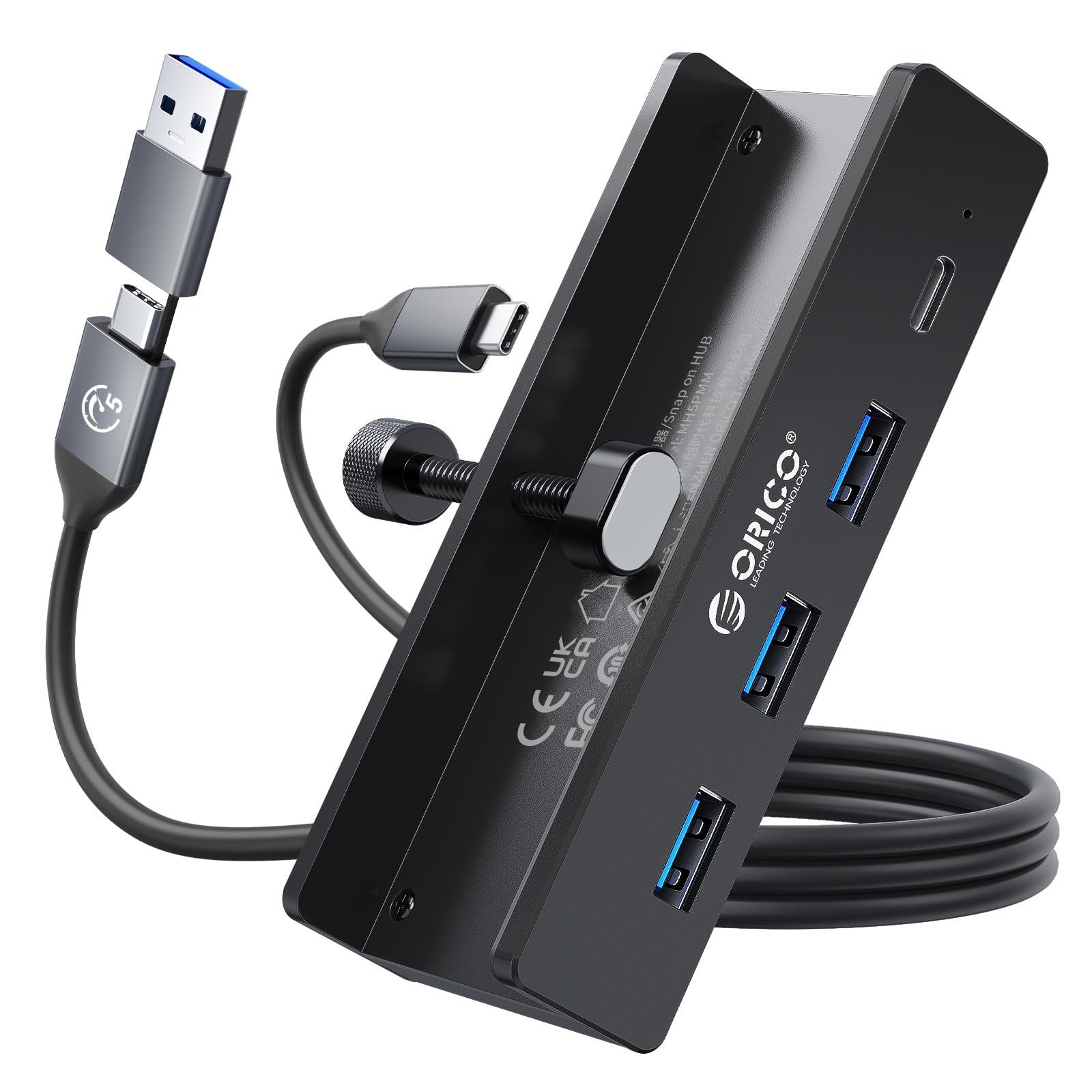ORICO USB Hub, Aluminum USB 3.0 Hub Clip mit 5V Stromversorgungsanschluss, 5Gbps 4 Port USB Verteiler mit 3 Typ-A 3.0 und 1 Typ-C 3.0, 100cm Kabel (C auf A/C), für Monitoren, Schreibtischen