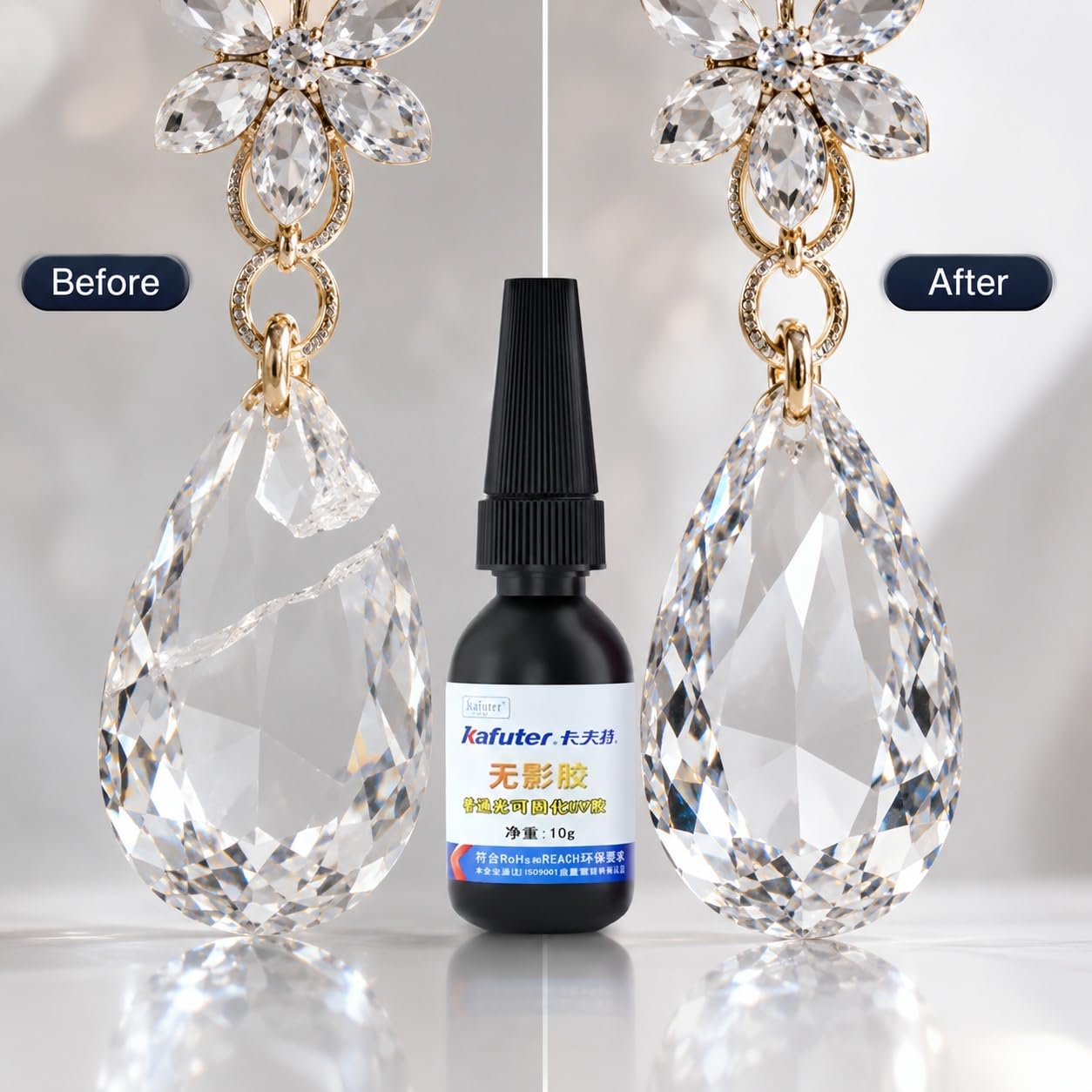 VIDOO Kafuter Adhesivo Profesional Curado UV para Unión Adornos Vidrio, Fijador Impermeable para Unión Vidrio y Piedra, Mástica Estructural Invisible Montaje Mesas Centro Vidrio, 250g