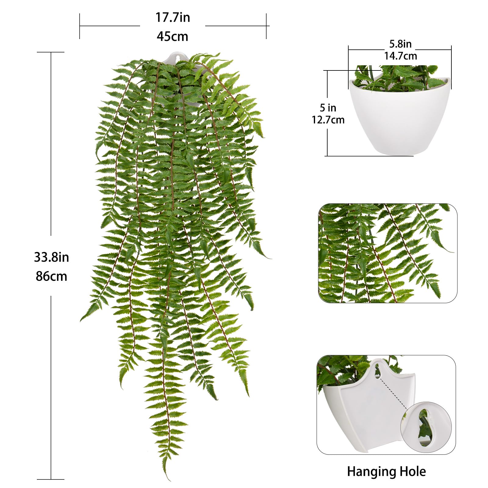 Arborus 33.8" Artificial Trailing Plants Indoors Fake Boston Fern Hanging Plant with Pots Artificial Green Potted Plants for Wall Home Office Bathroom Spring Decorations - Image 2