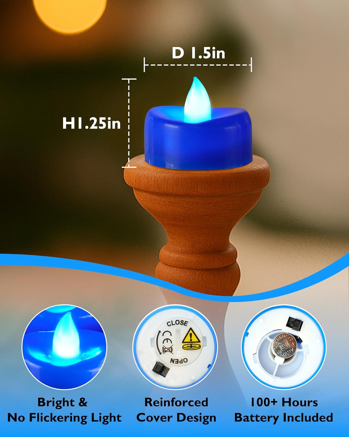 5plots Flameless Candles, 24Pcs Tea Lights Candles Battery Operated, Flameless Tealight Candles, Electric Tea Lights Votive Candles - Blue - 1.5" x 1.25"- No Flicker - Image 2