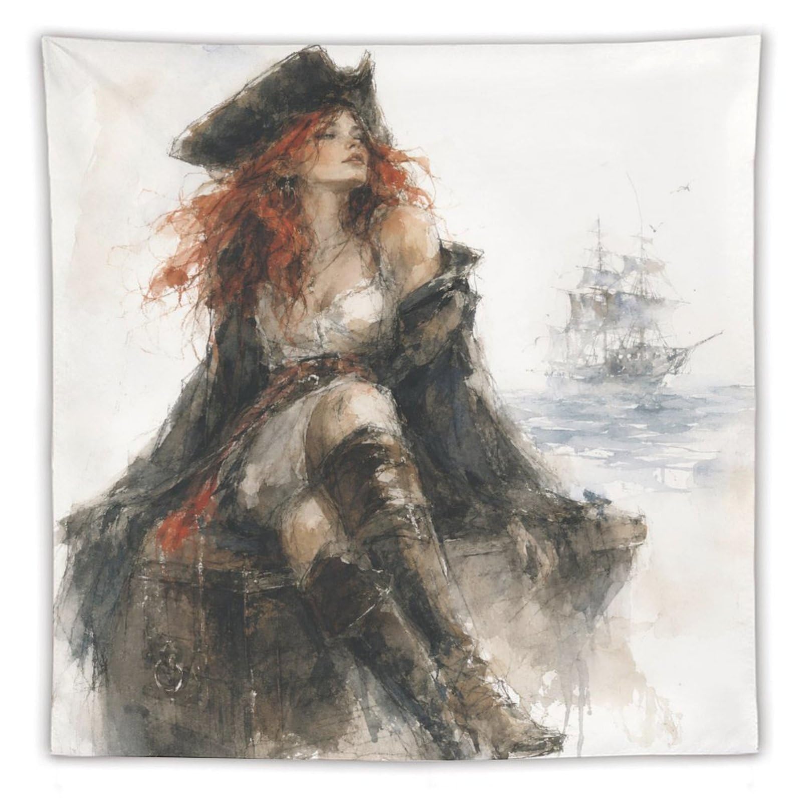 W7C8U2X3 Pirate Woman Portrait Wall Tapestry, Realistic Illustration Style