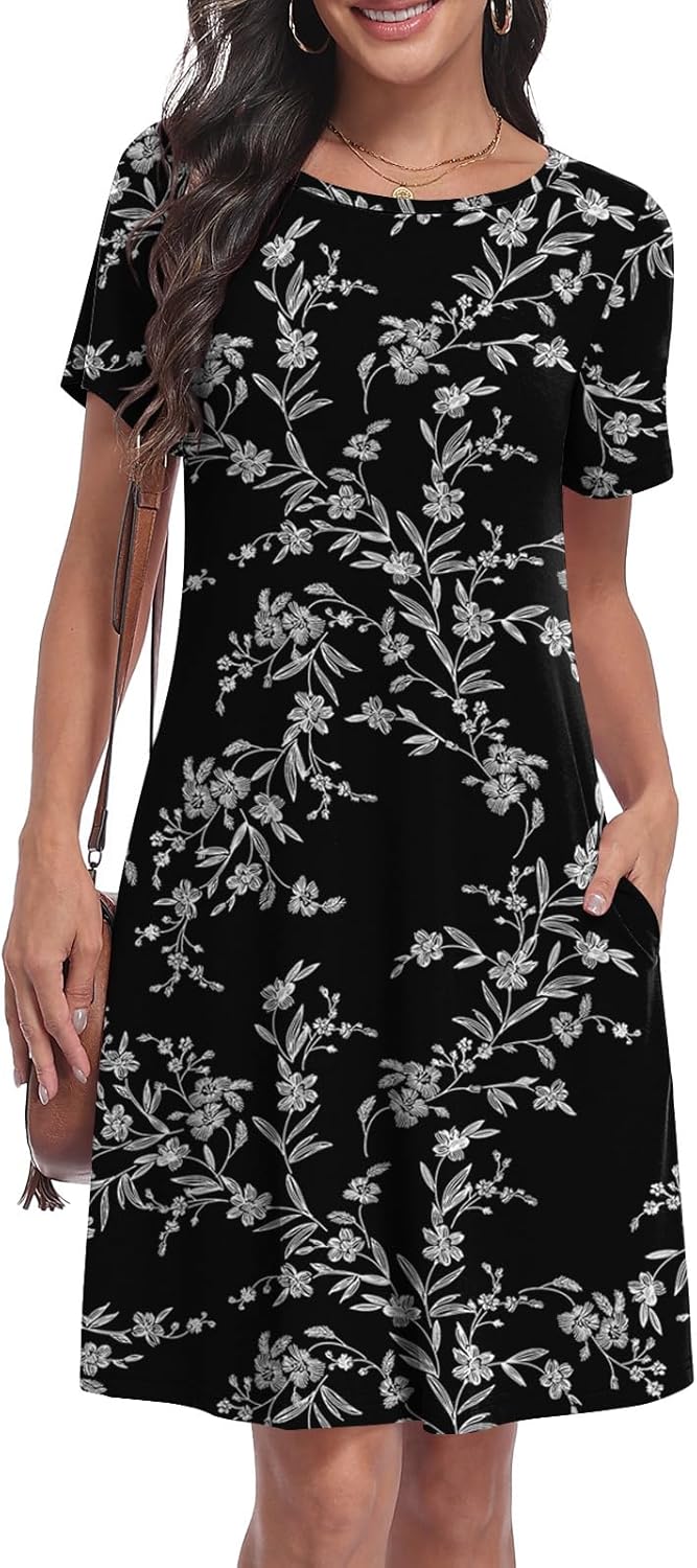 Yincro Women's Summer Casual Dresses 2026 Short Sleeve Knee-Length Dress with Pockets (White Flower Black, S)