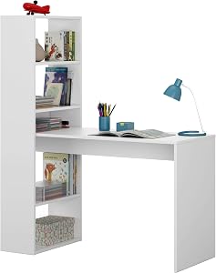 Habitdesign Mesa de Ordenador, Escritorio con Estanteria Reversible, Blanco Artik, Modelo Duplo, Medidas: 120 cm (Ancho) x 53 cm (Fondo) x 144 cm (Alto)