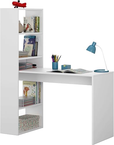 Habitdesign Mesa de Ordenador, Escritorio con Estanteria Reversible, Blanco Artik, Modelo Duplo, Medidas: 120 cm (Ancho) x 53 cm (Fondo) x 144 cm (Alto)