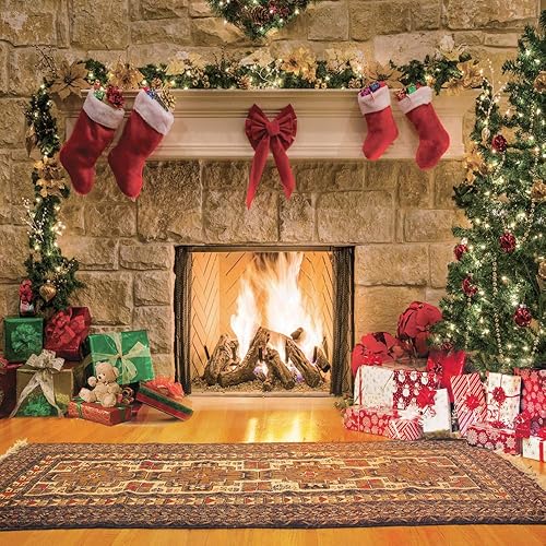 Miniatura 11 de CYLYH - Telón de fondo de chimenea de Navidad de 7x5 pies, telón de fondo de Navidad con árbol y calcetín, decoraciones para suministros de fiesta