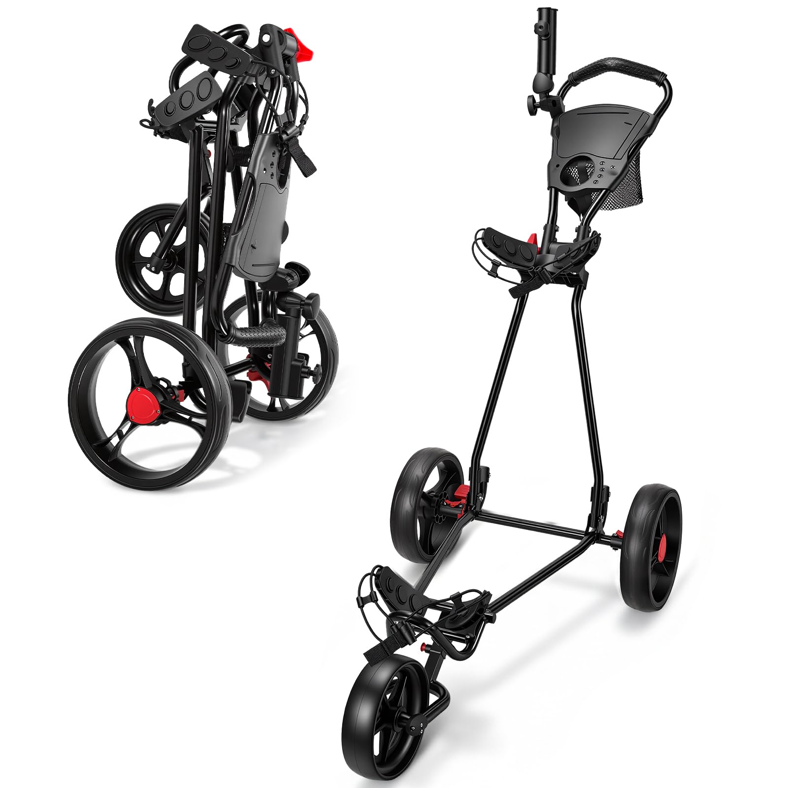 JoyCushy 3 Wheel Golf Trolley Lightweight Folding Push Cart – Adjustable Handle, 20cm Wheels with Brake, Storage Bag, Umbrella & Cup Holder – 3 Wheeled Golf Trolly for Adults & Juniors