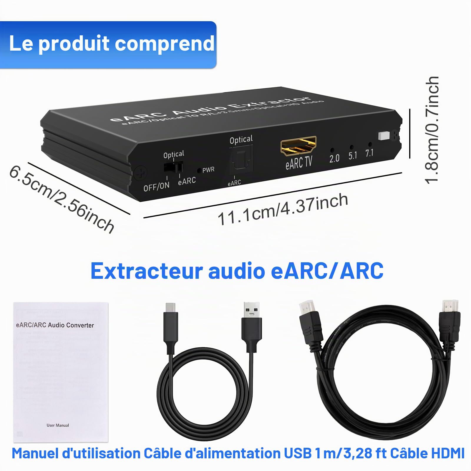Tendak 192 KHz eARC/ARC Extracteur audio convertisseur audio numérique-analogique HDMI eARC/ARC+optique vers HDMI+L/R+stéréo 3,5 mm pour amplificateur d'enceintes de barre de son HDTV et casques audio