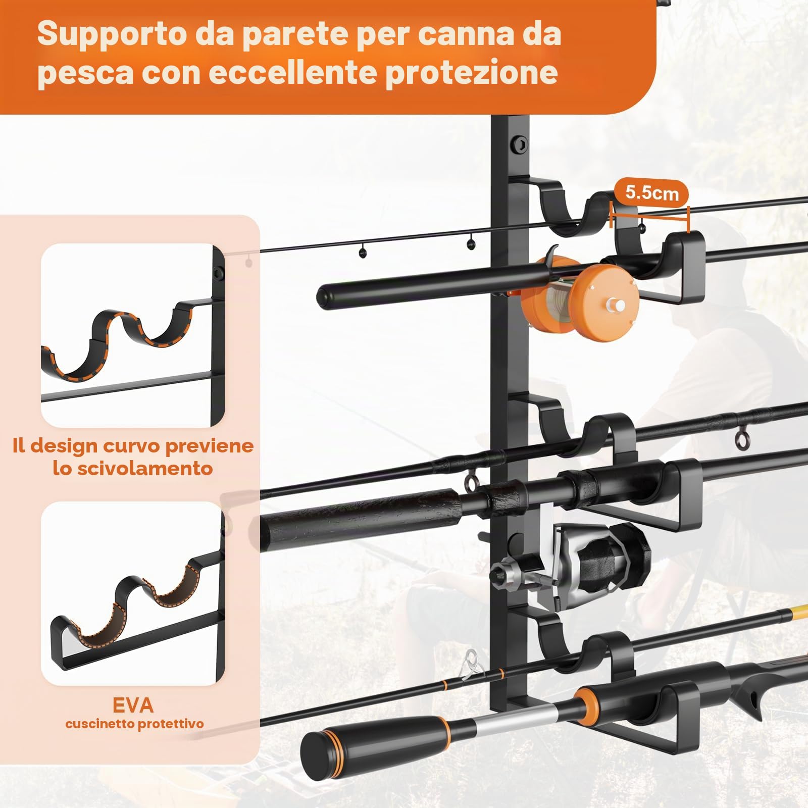 Bikoney Portacanne da Pesca Parete per Garage, Supporto Orizzontale per 6 Canne con Pannello Forato e Ganci, Rastrelliera Porta Canne Salvaspazio, Regalo per Pescatori Uomo Papà