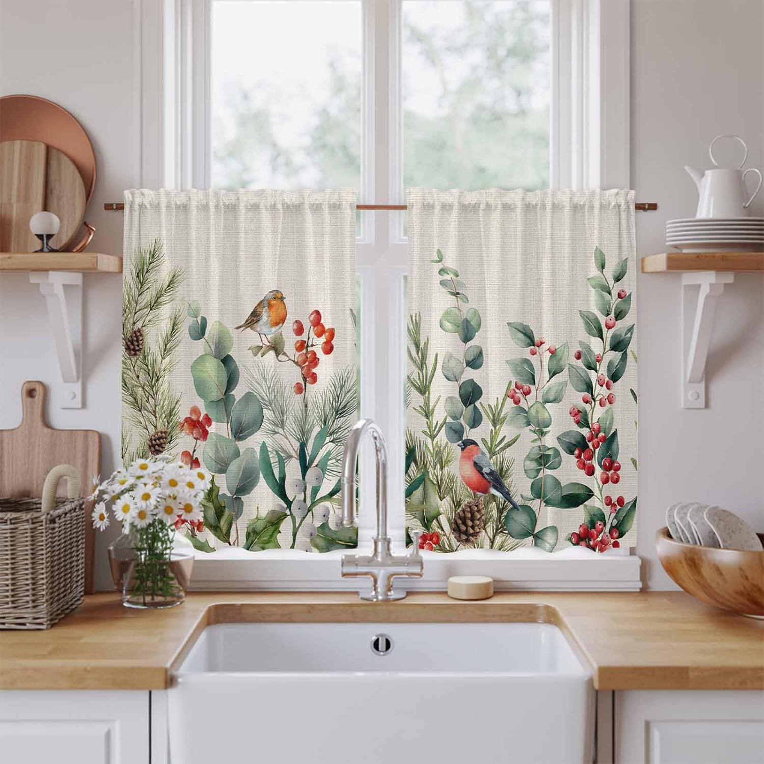 Christmas Eucalyptus Kitchen Tier Curtains 45 Inch Long 2 Panel Set,Rod Pocket Short Window Treatment,Xmas Botanical Pine Cones Birds Curtains & Drapes for Bathroom Basement 27.5"W x 45"L