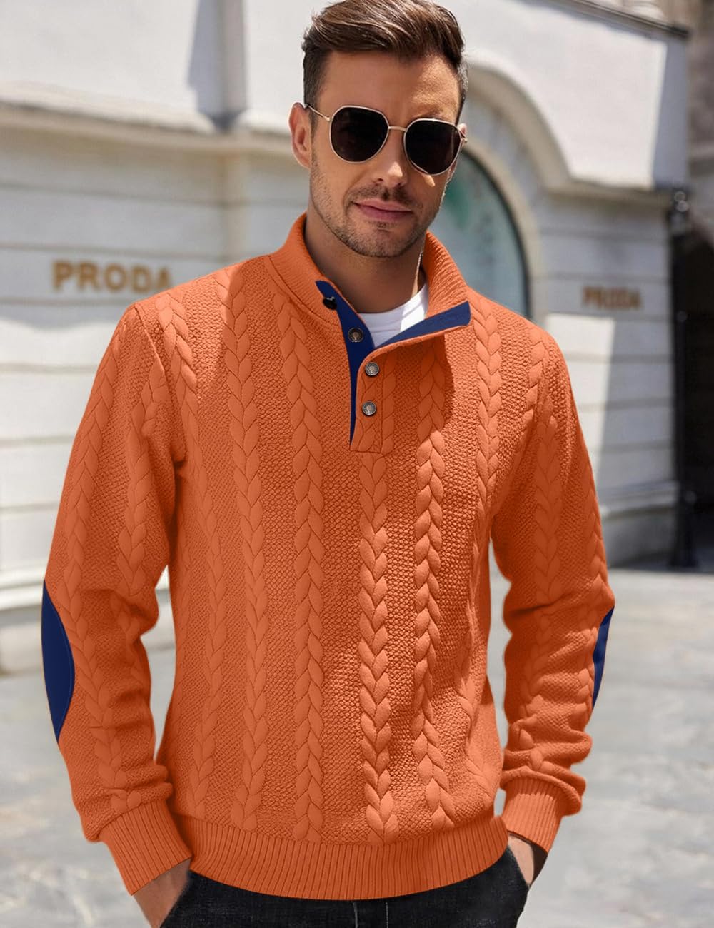 Men's Cable Knit Pullover Sweater Casual Long Sleeve Stand Collar Quarter Button Knitted Sweatshirts Quilted Sweatshirt - Image 2