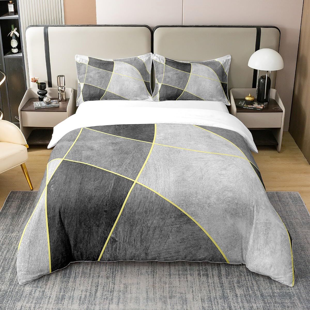 Homewish 100% Cotton Modern Geometric Duvet Cover Super King Grunge Black White Grey Bedding Set for Teen Boys Men Abstract Gold Lines Comforter Cover Irregular Graphic Quilt Cover 2 Pillow Cases
