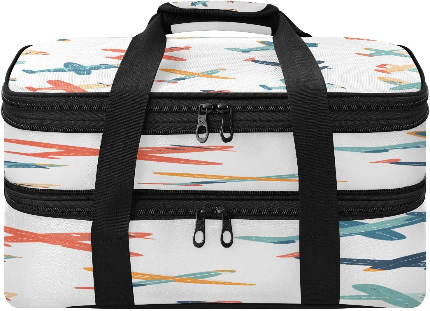Insulated Double Layer Casserole Carrier, Colorful Cartoon Plane Thermal Food Carrier for Hot & Cold Meals, Expandable Lunch Bag for Picnic BBQ Potluck Camping, Fits 9x13 Baking Dish