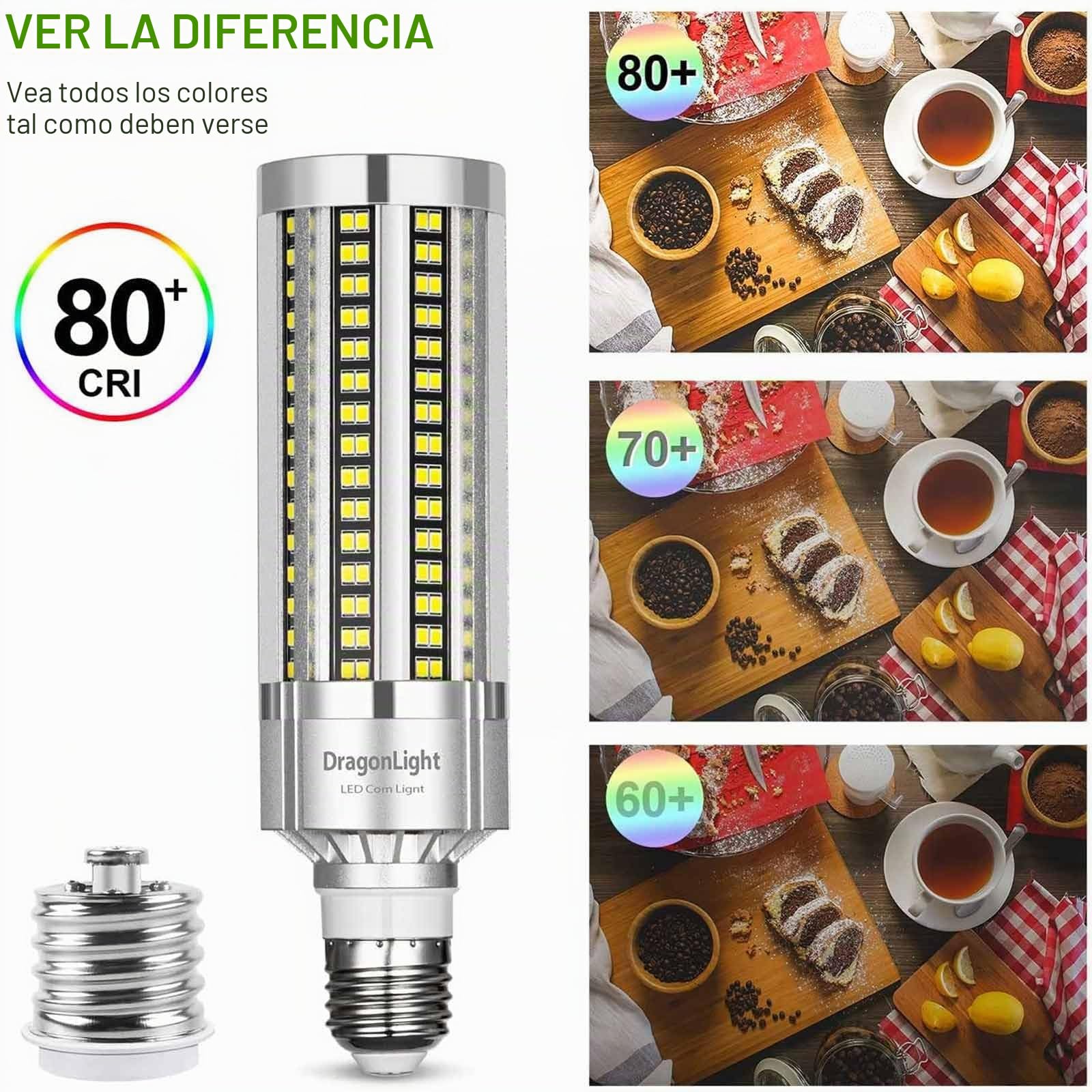 Bombilla LED de 60W, superbrillante, sin ventilador, (equivalente a 500W) – Bombilla LED E27 con adaptador E40 –6000K blanco frío 7,200 lúmenes para iluminación de zonas–Garaje taller–Luz de calle