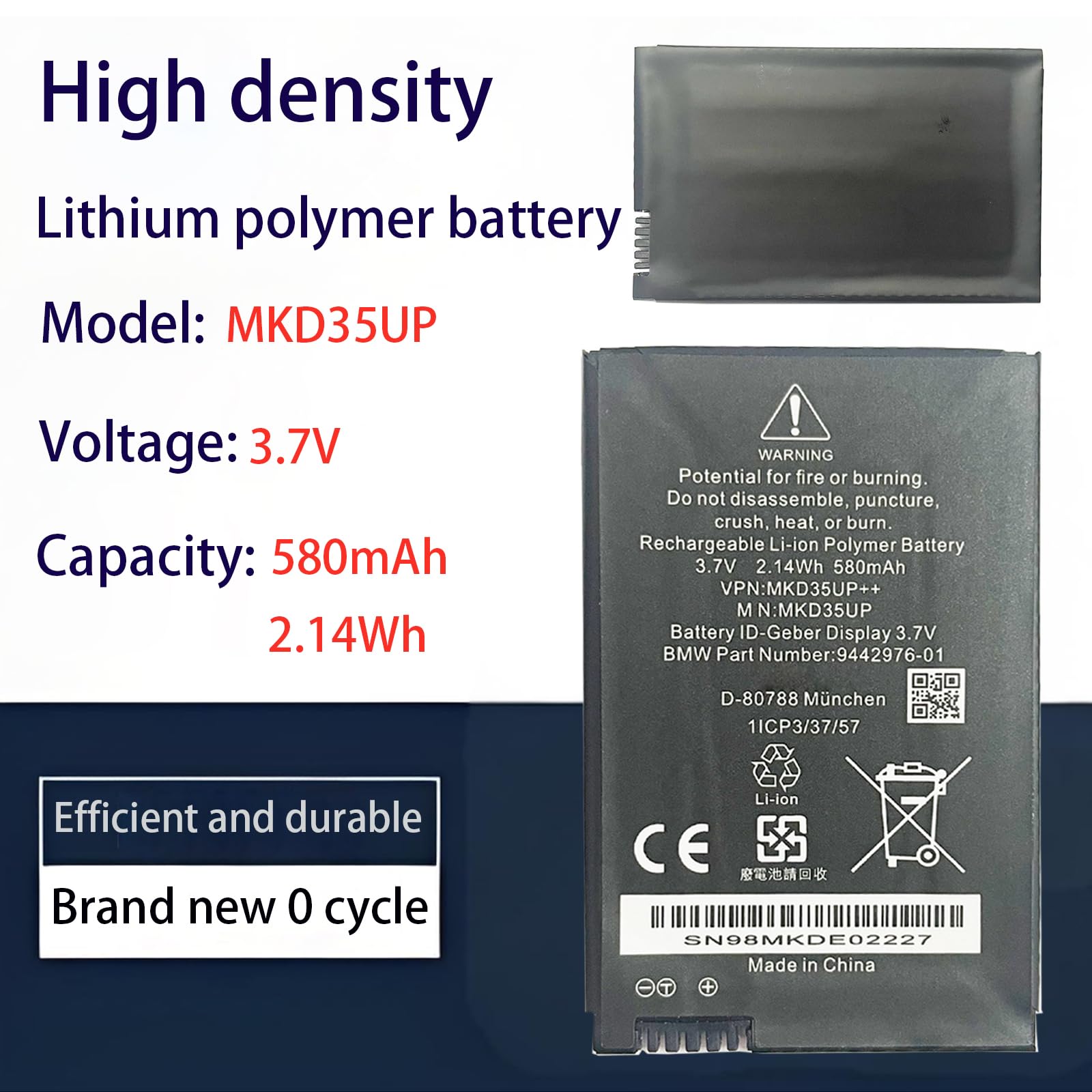KingSener Batería de Repuesto MKD35UP 9442976-01 Compatible con BMW 5/6 GT 7 Series X3 X5 X6 / 5310le 730 740 745 760li / X3GT57 Series i8 LCD Remote Key 1ICP3/37/57 3,7 V 580 mAh