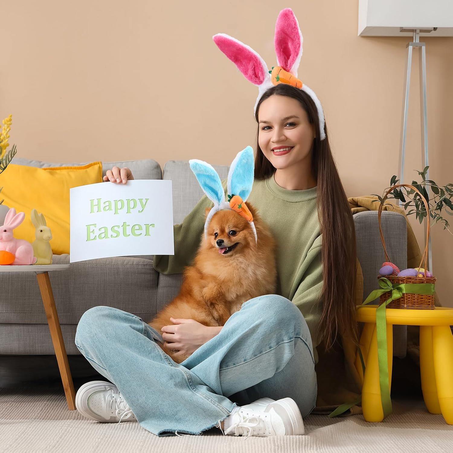 XunYee 8 Pcs Easter Bunny Ears Headband Easter Plush Rabbit Ears Cute Bunny Ears Hairband for Women Men Pet Easter Accessories
