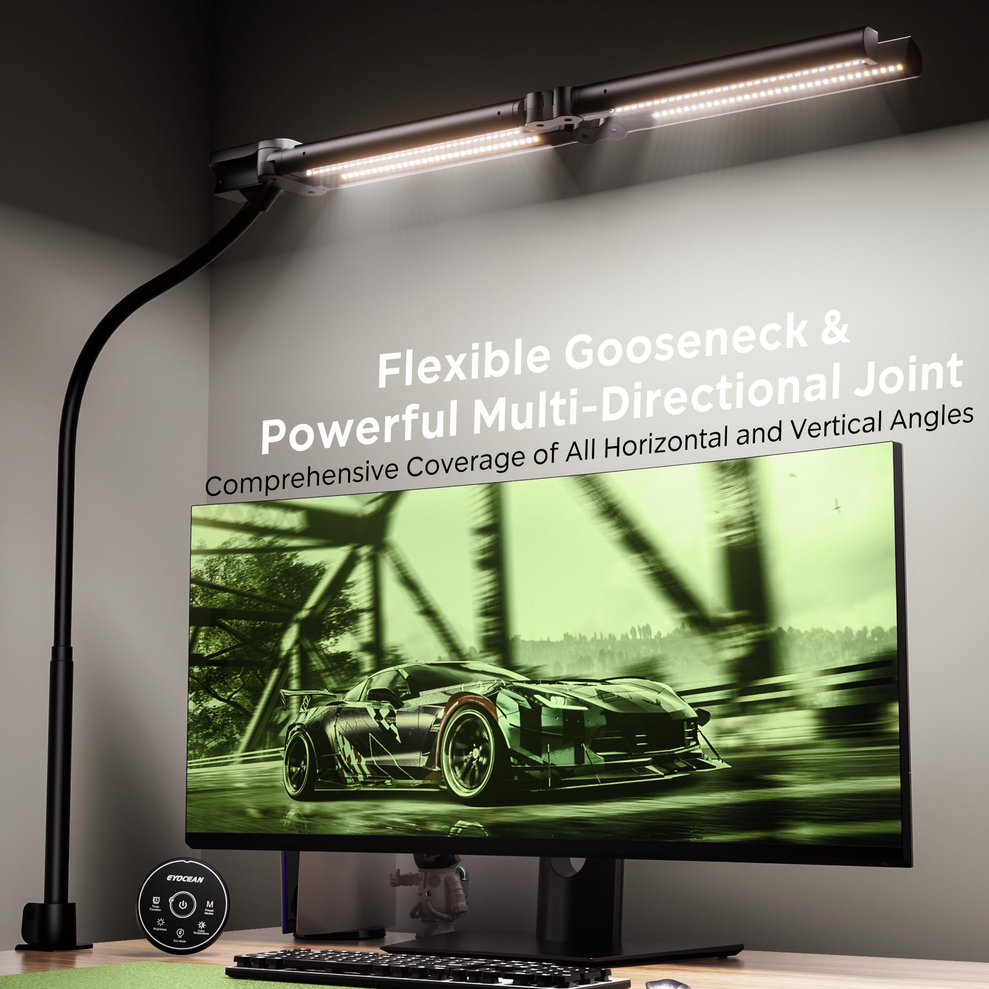 EYOCEAN, lampada da scrivania a 4 sorgenti luminose, 24 W, 100 cm, luce diurna con telecomando, lampada per display dimmerabile, lampada da scrivania a collo di cigno, lampada per ord