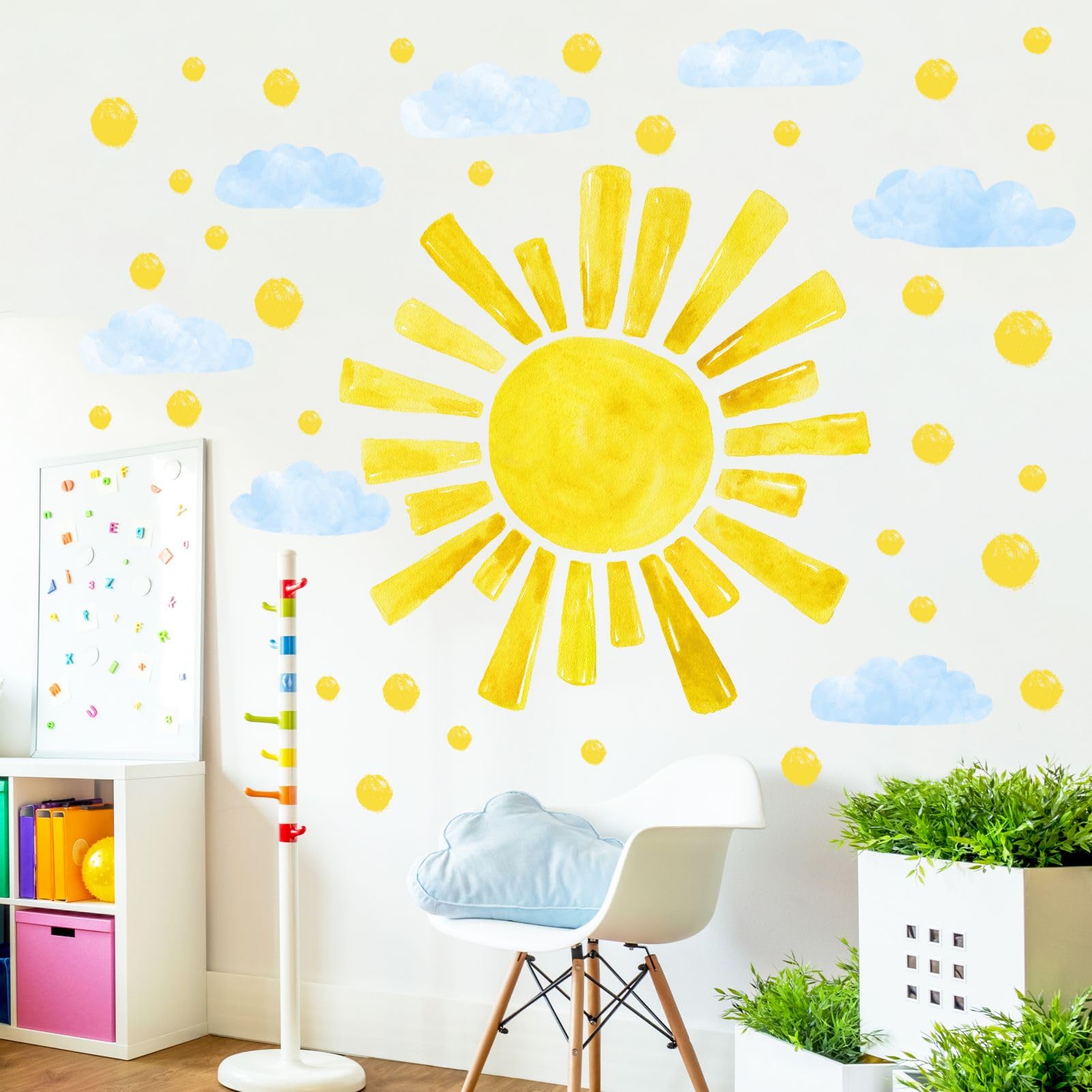 Large Sun Wall Decals Cloud Polka Dots Wall Stickers for Girls Room, 12 Sheets Watercolor Sun Wall Decor Stickers Cute Cloud Wallpaper Delicate Decorations for Kids Room Bedroom