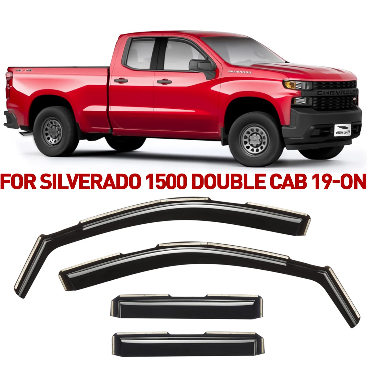 Voron Glass in-Channel Extra Durable Rain Guards for Trucks Chevrolet (Chevy) Silverado/GMC Sierra 2019-2021 Double Cab, Window Deflectors, Vent Window Visors, 4 Pieces - 230091
