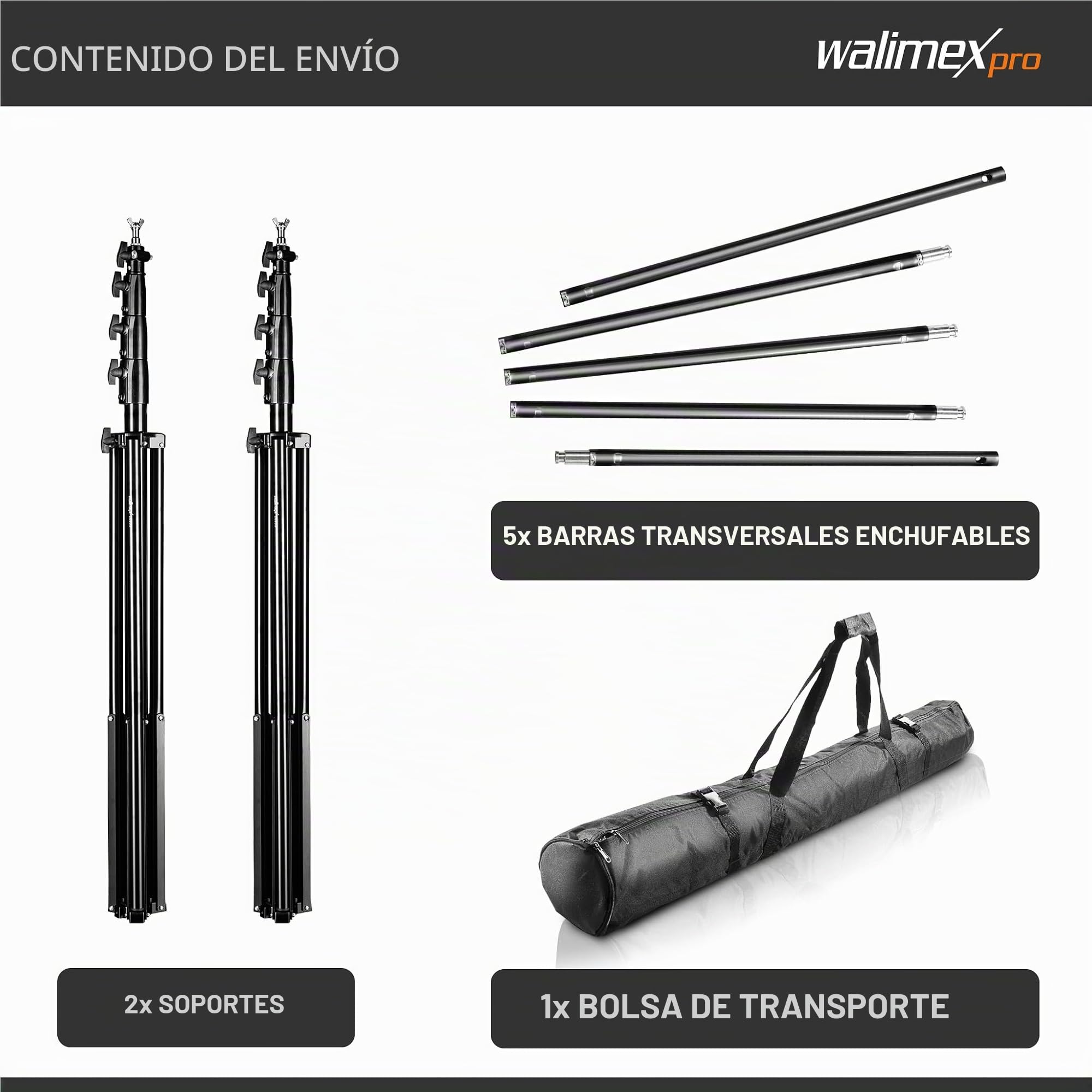Walimex pro background system XXL 190-465cm - set de fondo profesional estable y grande para estudio y móvil, para fotografía video y pantalla verde, altura hasta 400cm